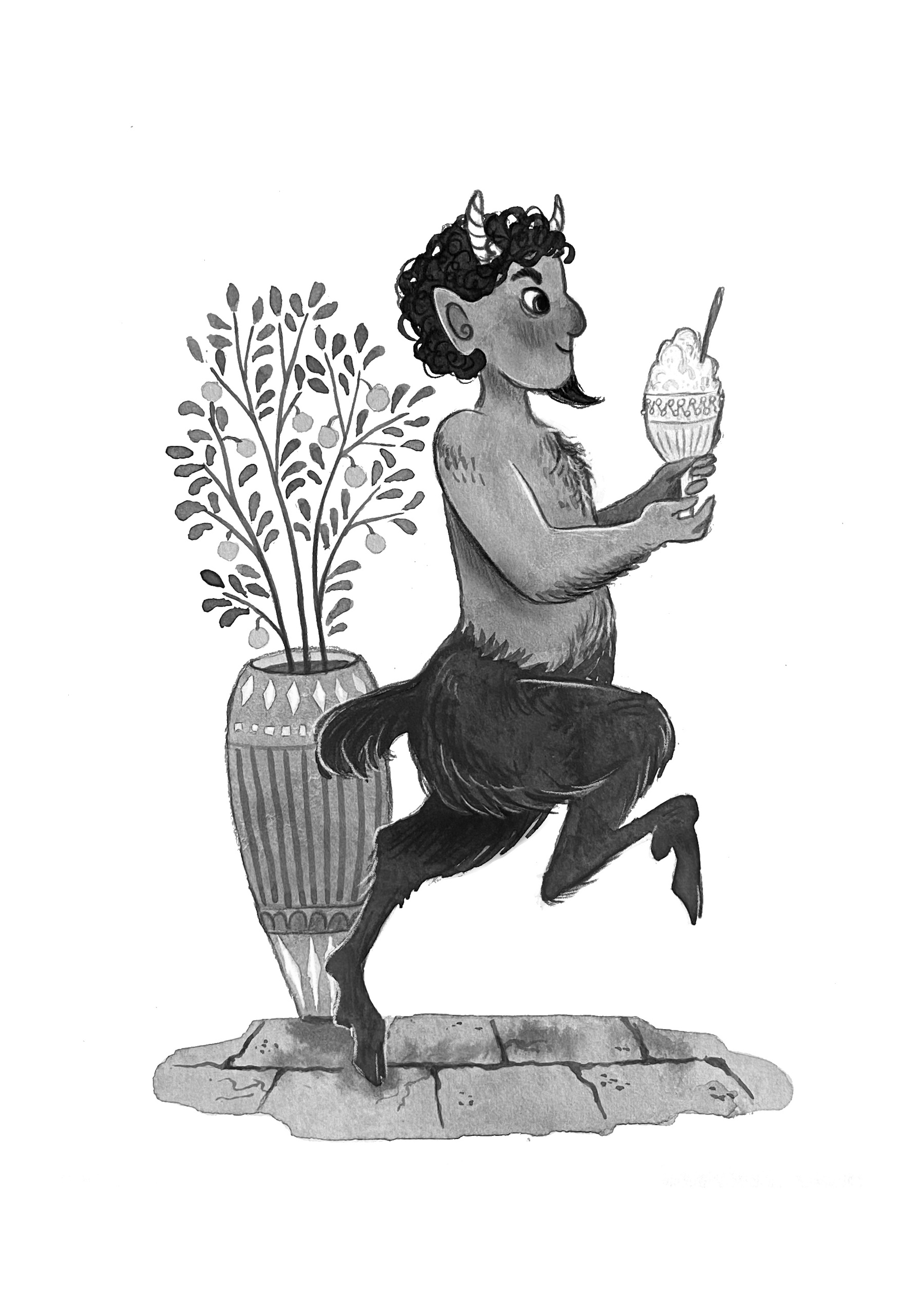 Black and white spot illustration of Mr Tumnus from the Chronicles of Narnia, showing Mr Tumnus trotting across a stone floor, carrying a dish of ice cream. In the background is a small potted tree.
