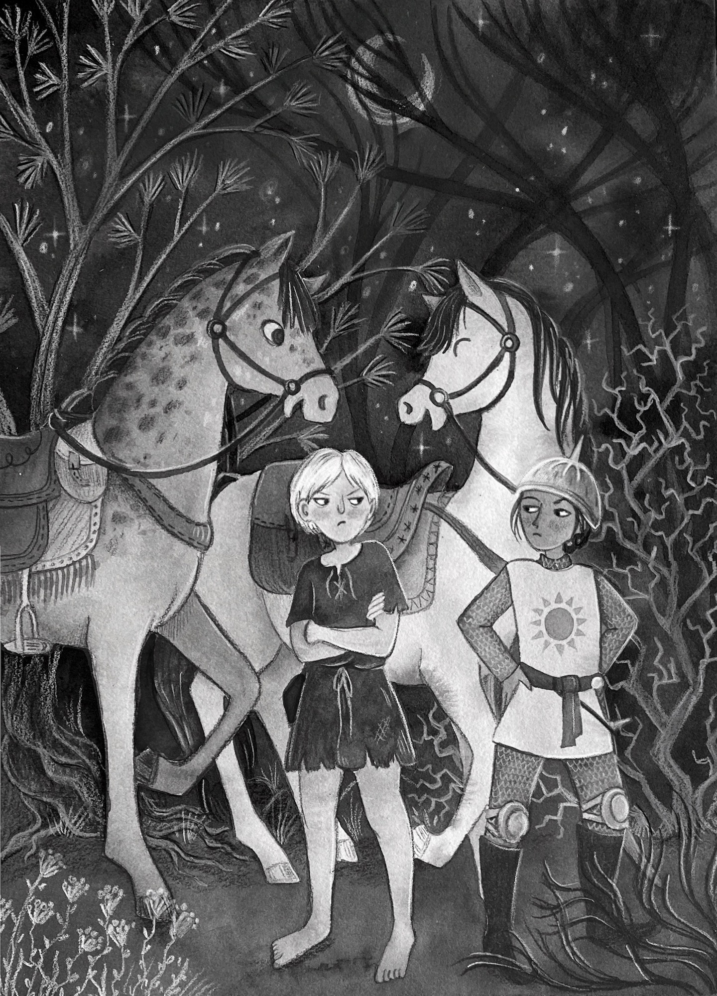 Black and white chapter book illustration from The Horse and his Boy from the Chronicles of Narnia series by C. S. Lewis. The image shows 2 horses, Bree and Hwin standing behind 2 children, Shasta and Arvis. The children look angry and annoyed with each other, as if they have just had an argument. The horses are laughing and talking together. In the background are silhouettes of trees and the night sky with stars and moon.