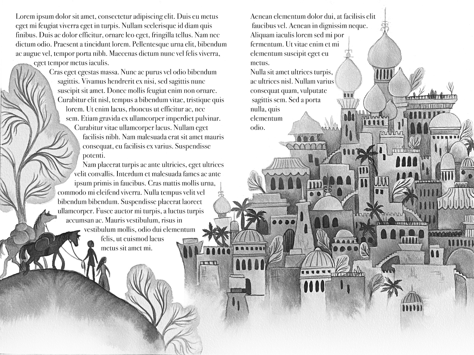 Black and white interior illustration for The Horse and His Boy from the Chronicle of Narnia series by C. S. Lewis. The image shows a hill in the foreground on the left with the silhouettes of 2 horses with bundles on their backs, being led by 2 children. On the right side of the image is a city on a hill, with a skyline with domed towers like a city in the Middle East. The bottom of the whole image is obscured by white mist.
