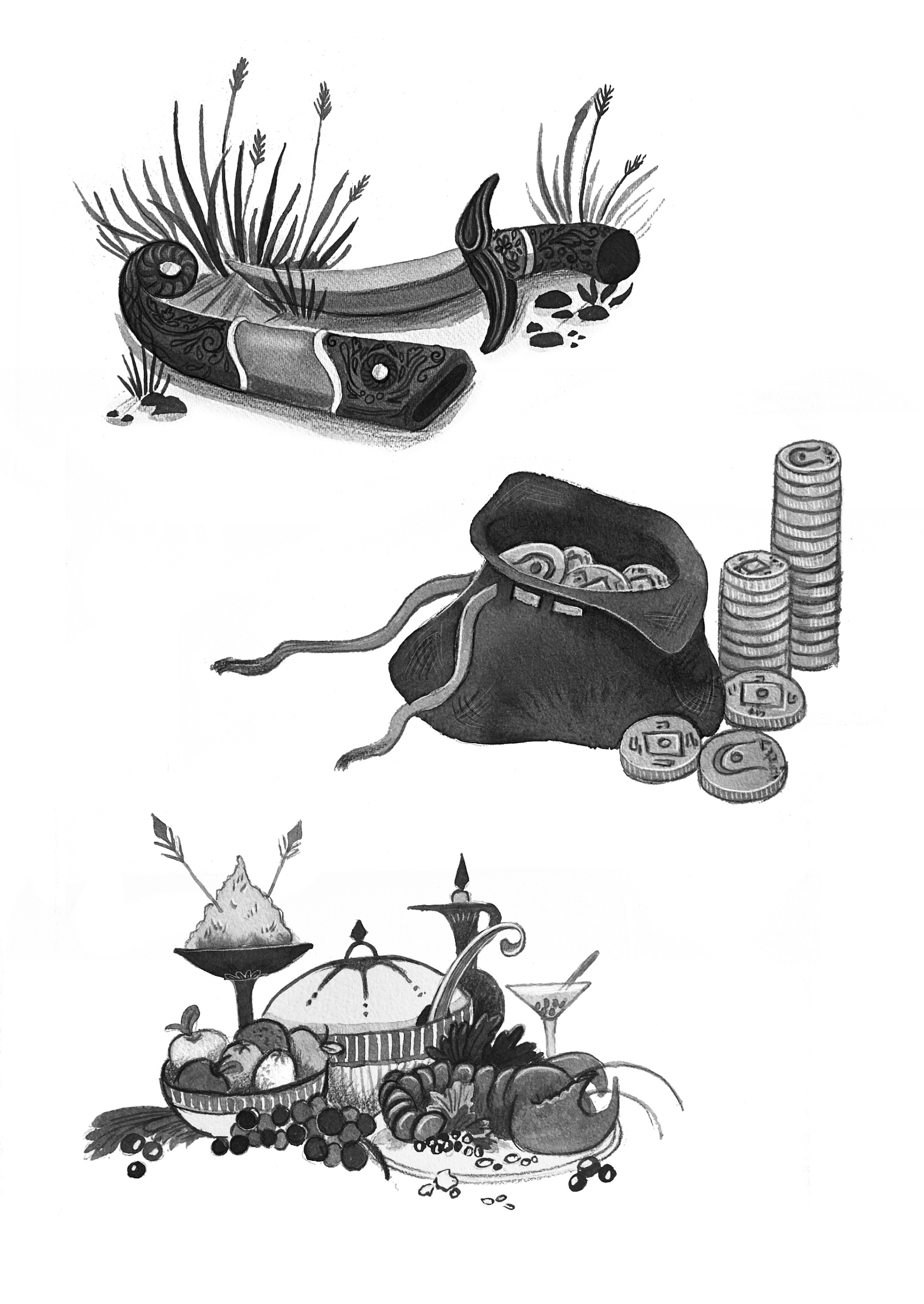 Black and white spot or chapter head illustrations of a dagger and scabbard, a pouch of coins, and dishes for a fest.