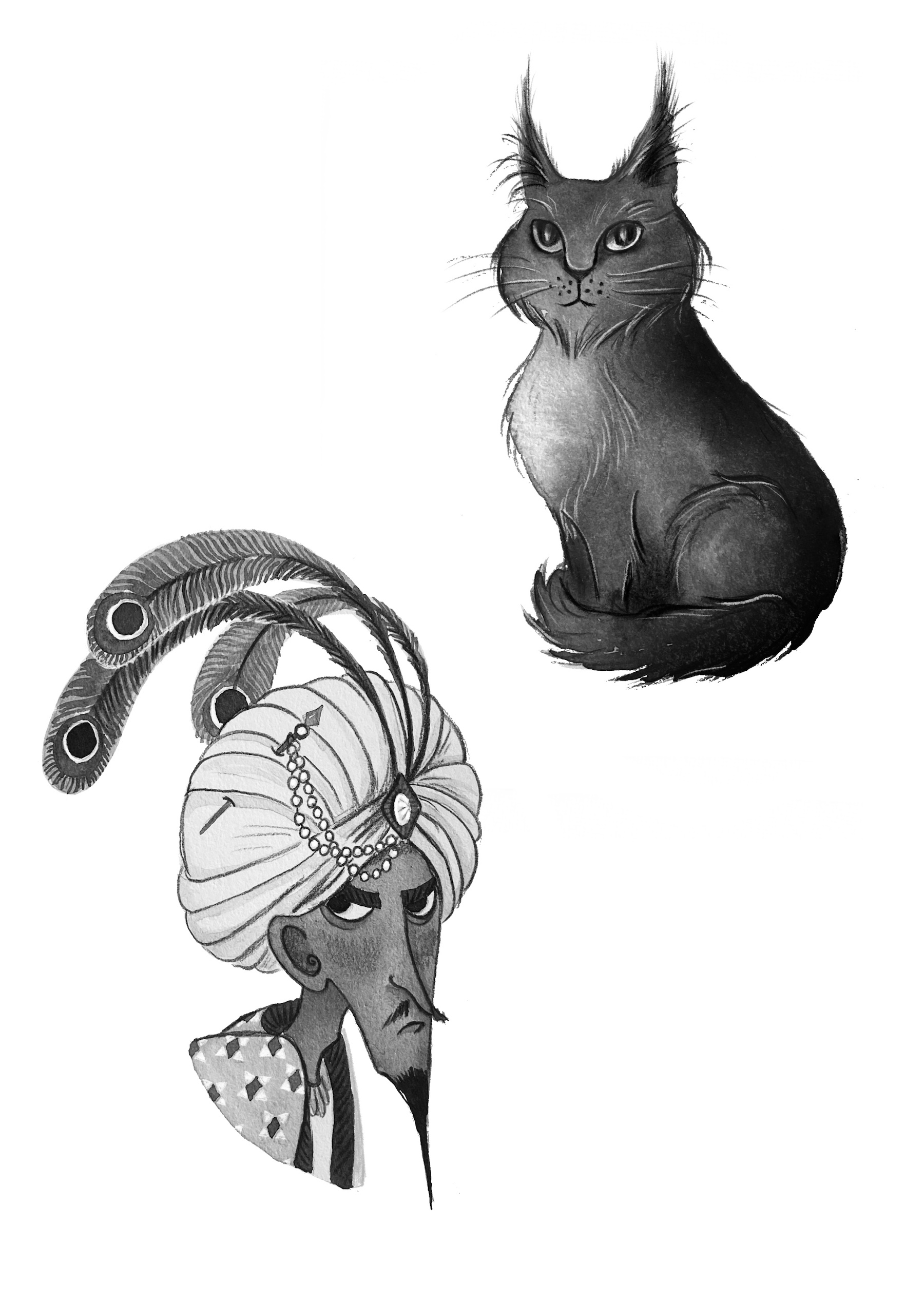 Black and white spot or chapter head illustrations of a cat and a man wearing a turban with jewels and feathers.