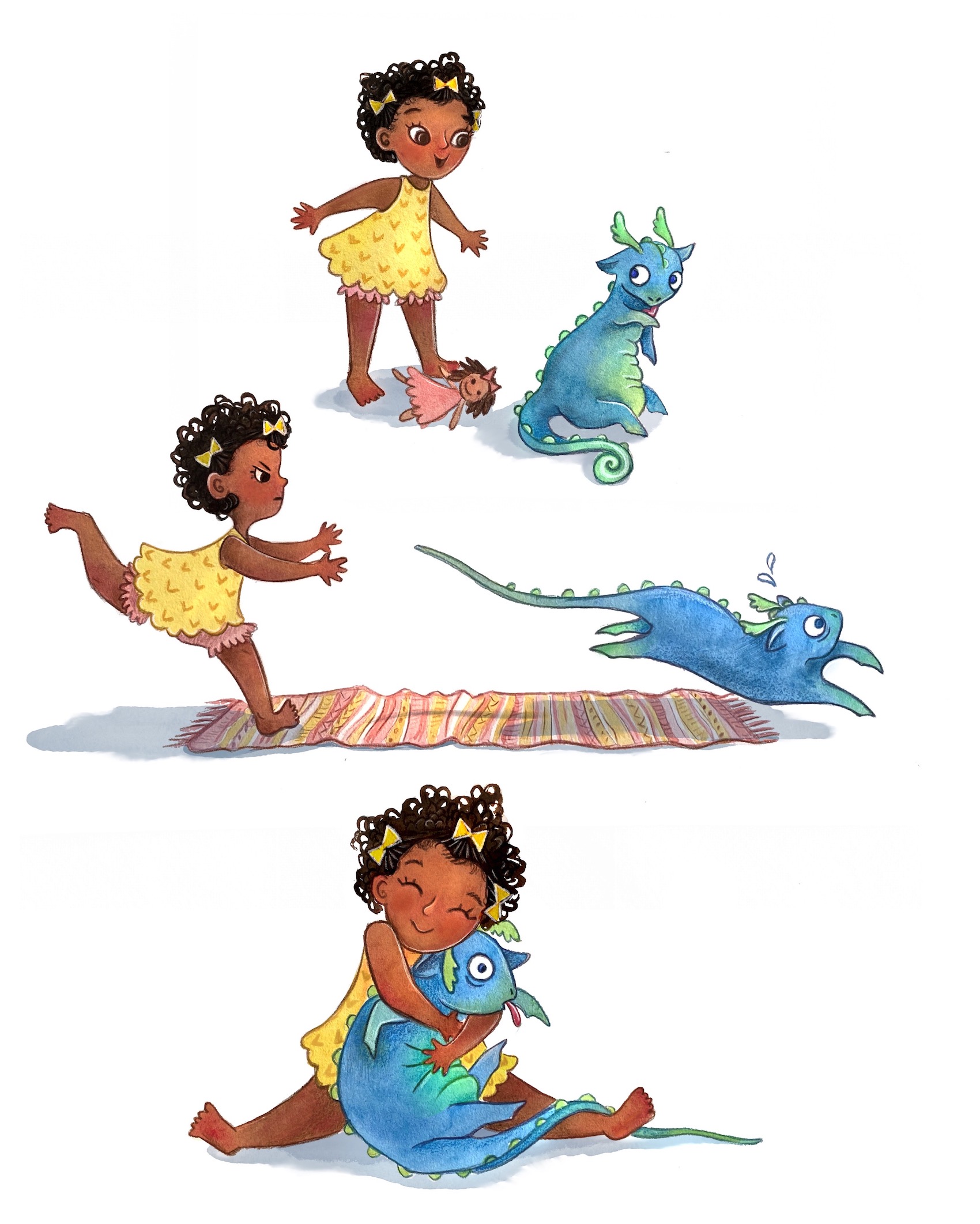 Children's picture book character design of a little black girl and cute baby dragon. Image one shows the girl seeing the dragon and dropping her doll in surprised delight. Image two shows the girl chasing the dragon across a rug. Image three shows the girl cuddling the baby dragon, giving him a big squeeze hug.