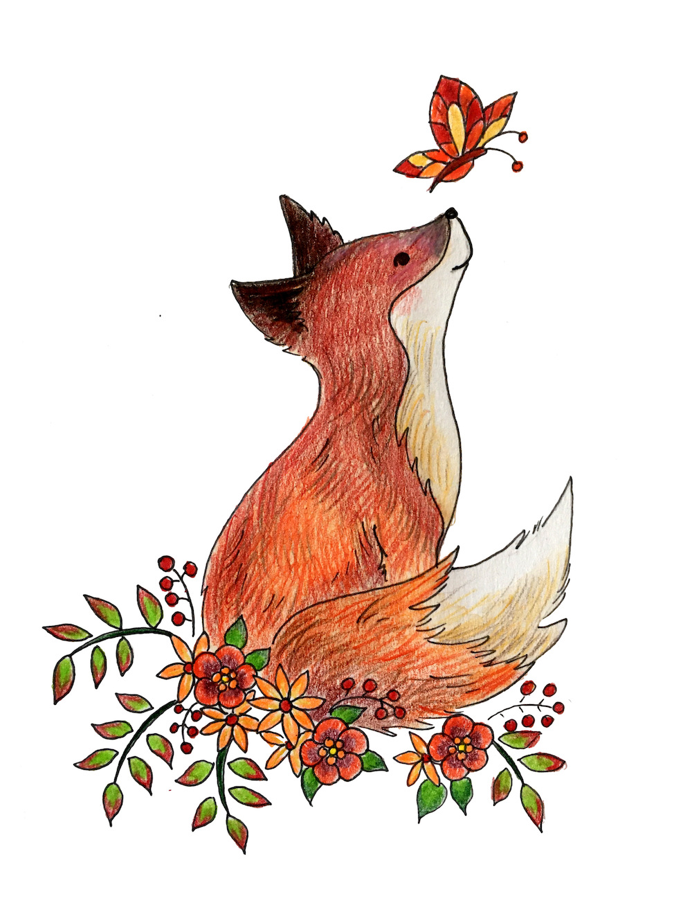 watercolor illustration by Kirsten McGonigal of a fox sitting in flowers with a butterfly flying above him
