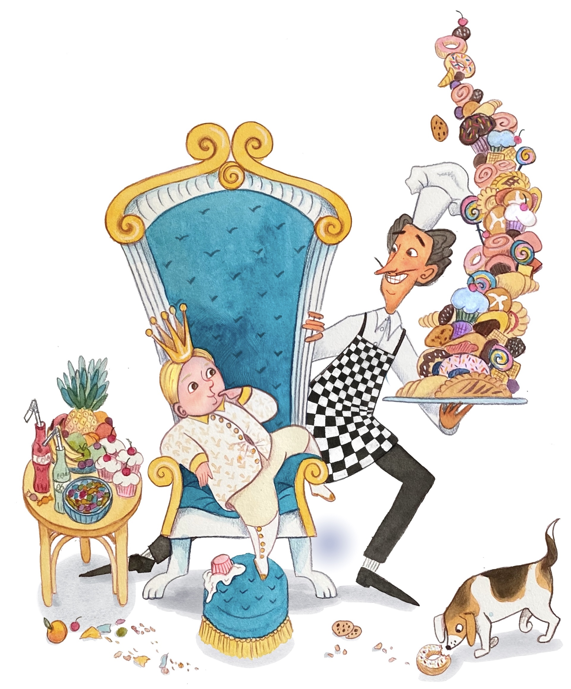 Whimsical watercolor and colored pencil illustration of a nervous pastry chef, leaning out from behind a throne on which sits a plump young prince. The chef is offering the boy a towering plate of pastries . There is a table next to the prince with more goodies piled on it. A small dog sniffs a fallen doughnut with a bite our of it at the chef's feet.