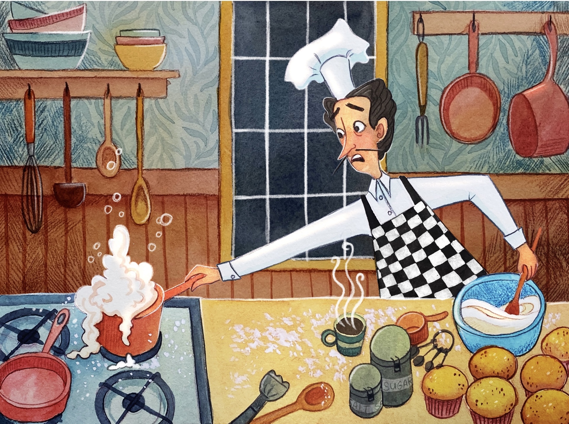 Whimsical watercolor and colored pencil illustration of a stressed out chef trying to do too many things at once. With one hand he mixes a bowl of frosting for some cupcakes, and with the other hand he's grabbing the handle of a pot that's boiling over on the stove. Behind him is a dark window, pots and spoons hanging on the wall, and a shelf with mixing bowls stacked on top of it.