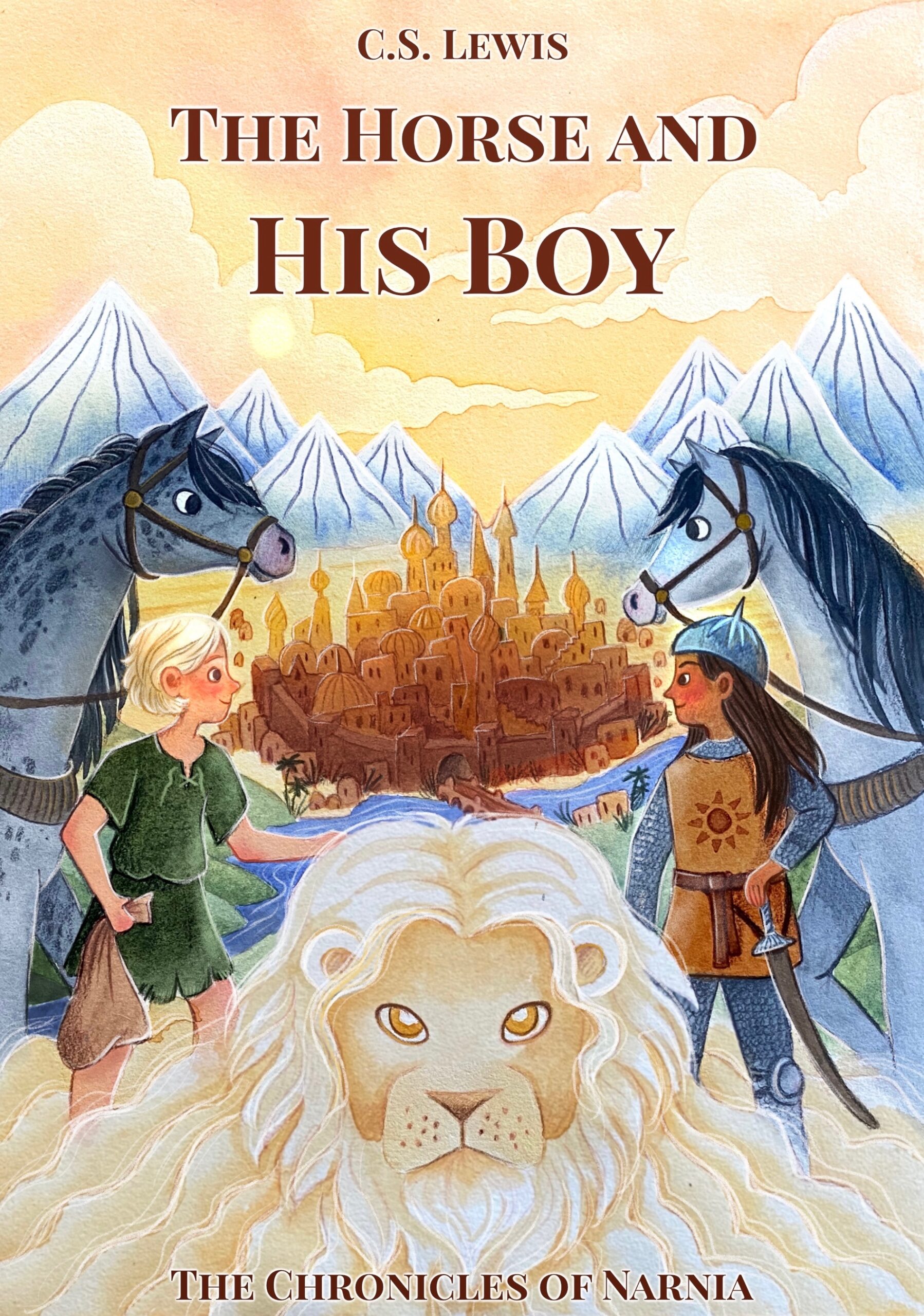 Cover design for The Horse and His Boy from the Chronicles of Narnia series. There are mountains and a pale orange sky in the background, the city of Tashban in the mid ground with a river in front of it. On either side of the design is a horse, with a boy standing next to one, and a girl in armor standing next to the other, facing each other. A lion's head is pictured in the bottom of the image.