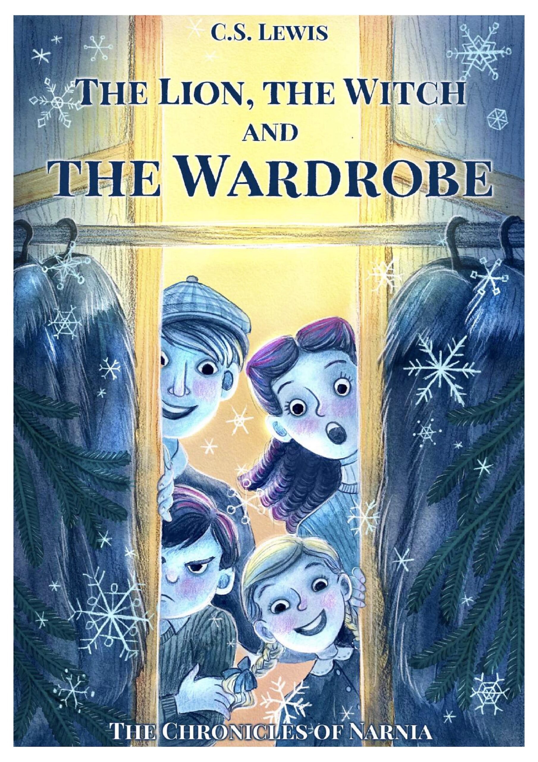 Book cover art for The Lion the Witch and the Wardrobe. The view is from inside the wardrobe looking out through the opening wardrobe doors, fur coats, and the branches of fur trees. Peter, Susan, Edmond, and Lucy are peaking in through the doors. Snowflakes fall in the foreground.