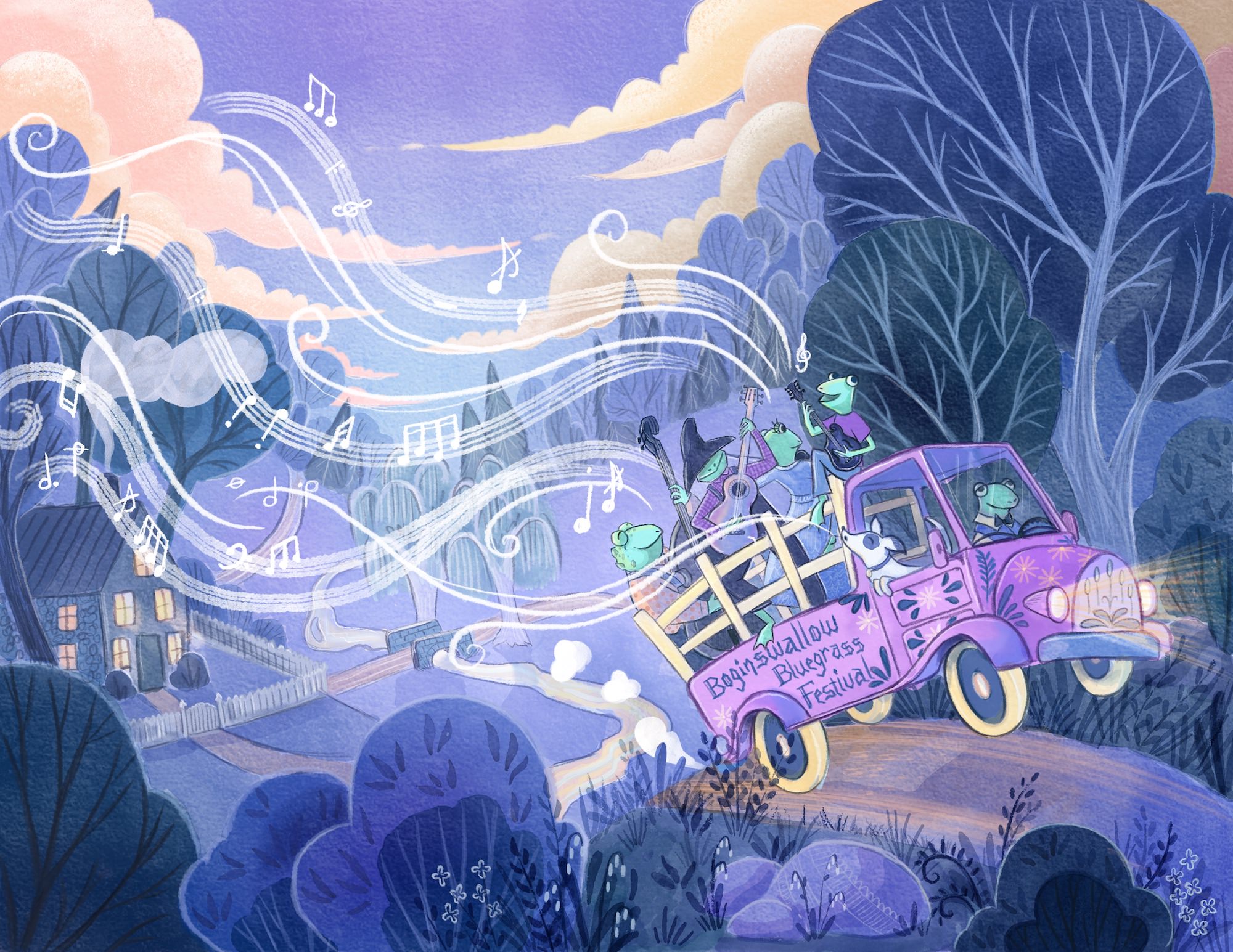 Children's book illustration of an old pickup truck with railings in the bed, driving over the crest of a hill. In the back of the truck are four frogs playing music on stringed instruments. Whimsical music notes and lines stream away behind them. In the distance behind the truck is a valley with a river flowing through it and a house with lighted windows. A sunset sky with orange and yellow clouds.