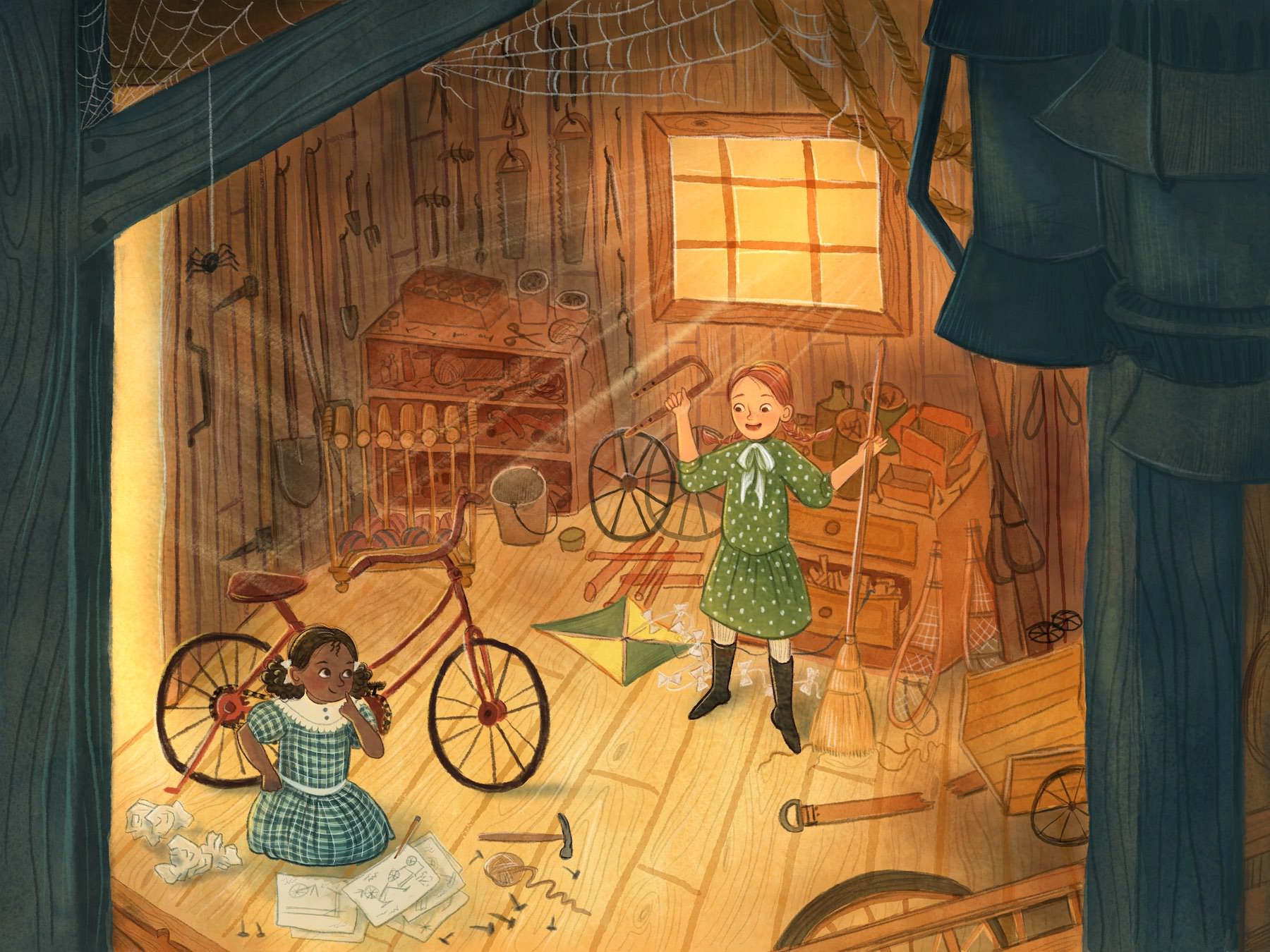 Children's book illustration of two girls in an old barn, cluttered with tools and odd pieces of carts, wagons, and building materials. The red haired girl is wearing a green dress and is holding a piece of pipe in one hand and a broom in the other, and looking at the other girl, her mouth open in speech. The other girl is black, and is wearing a blue plaid dress. She is sitting on the floor with paper covered in drawings in front of her. She has a hand to her cheek like she's thinking, and is looking at the red haired girl with a pleased expression on her face.