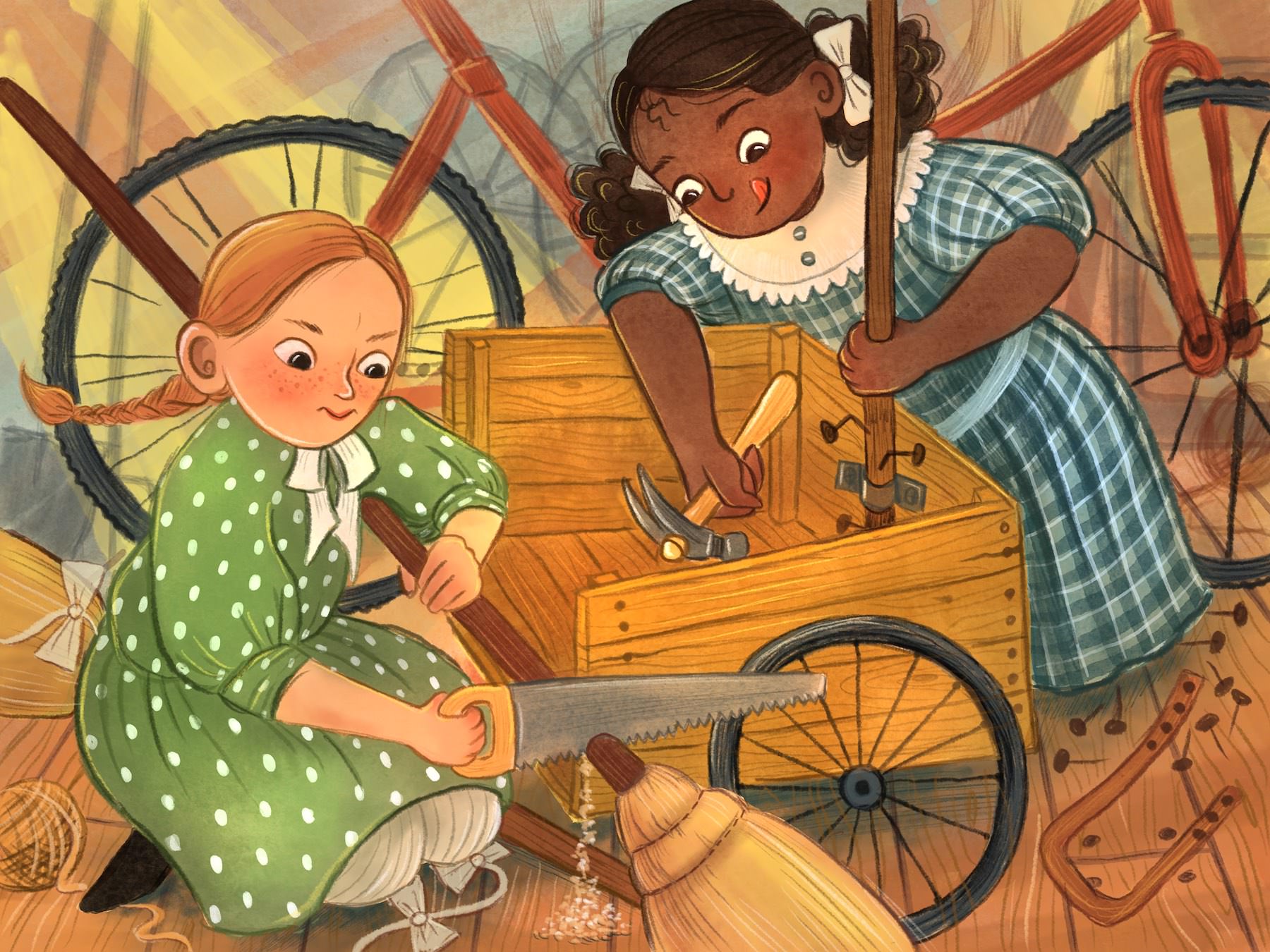 Children's book illustration showing 2 young girls, about age 8, working with hand tools. One girl has dark skin and curly dark hair and is wearing a blue plaid dress. She is using a hammer to put nails in a cart. Another girl has red hair and is wearing a green dress with white polkadots and a bow at the neck. She is using a saw to cut the end off of a broom. The background is abstract blue, yellow and red streaks, with faint outlines of tools and shelves.