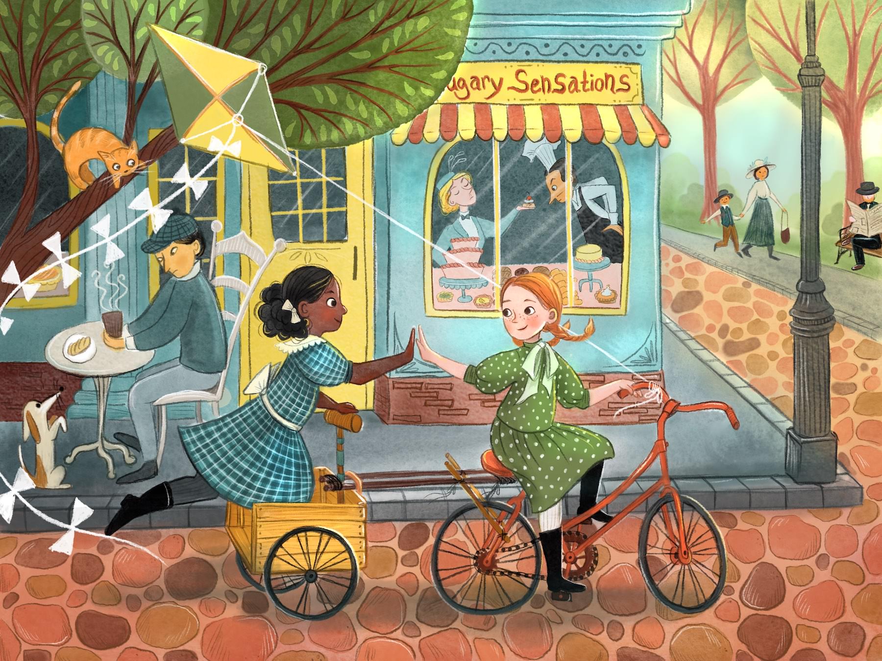 Children's book illustration showing 2 girls riding down a city street on a bike and cart. The cart is home-made from odds and ends found in an old shed, and it attached to the back of the bike. One girl, who is black and wears a blue plaid dress, is standing in the cart, holding the handle, and using her foot to help push her and her friend along. The other girl has red hair and is wearing a green dress with white dots. She is on the bike. The two girls are giving each other a high five as they ride. In the background is a cute bakery with figures visible in the window and a patron sitting at a table outside eating a bun and drinking coffee. There is a park visible down a side street and a woman and child walking along the sidewalk, and a man sitting on a park bench reading a newspaper.