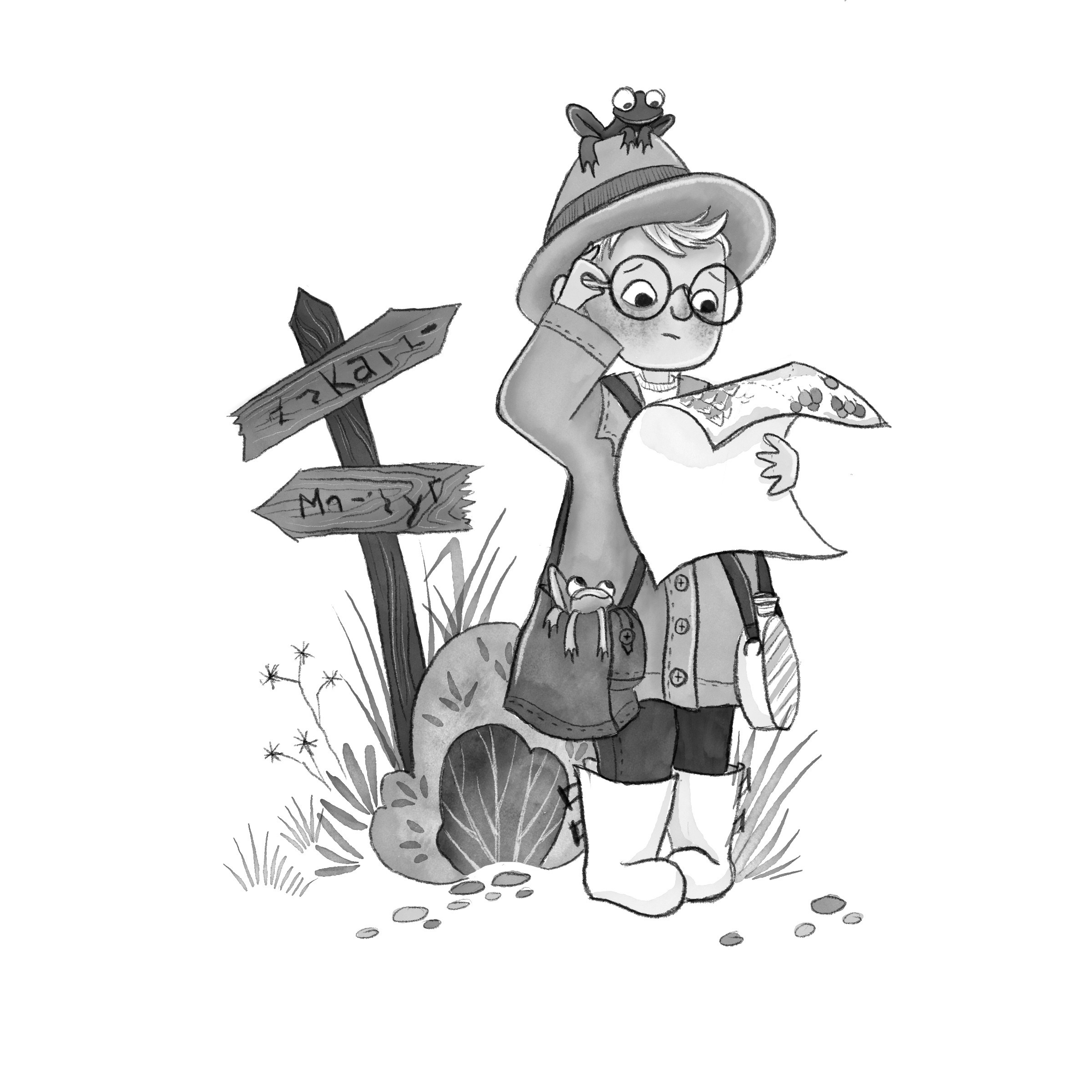 Black and white children's book character illustration of a little boy wearing an explorers hat and coat and reading a map. Behind him are old fashioned wooden road signs and grass and bushes. There is a frog on his head and another cute frog on a leather bag that is slung over his shoulder. There is a canteen slung over his other shoulder.