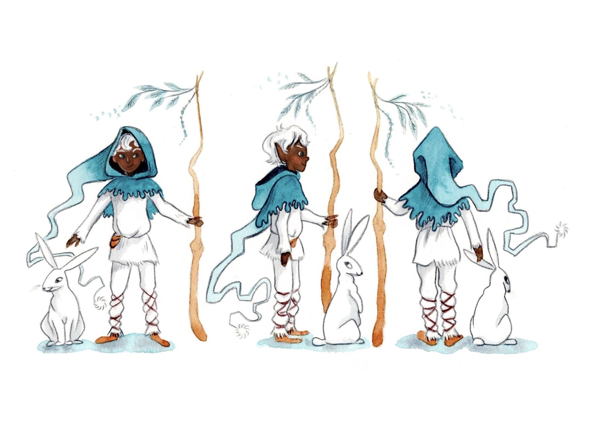 Character design sheet showing a Jack front character from front, side, and back. Jack is dressed in white tunic and leggings, bound around his legs with brown straps. He wears a blue good with a very long flowing tassel on the end of the hood that flows all the way to his ankles. In his hand he holds a staff with beads and blue feathers at the top of it. A white rabbit sits on the ground beside him in each of the poses.