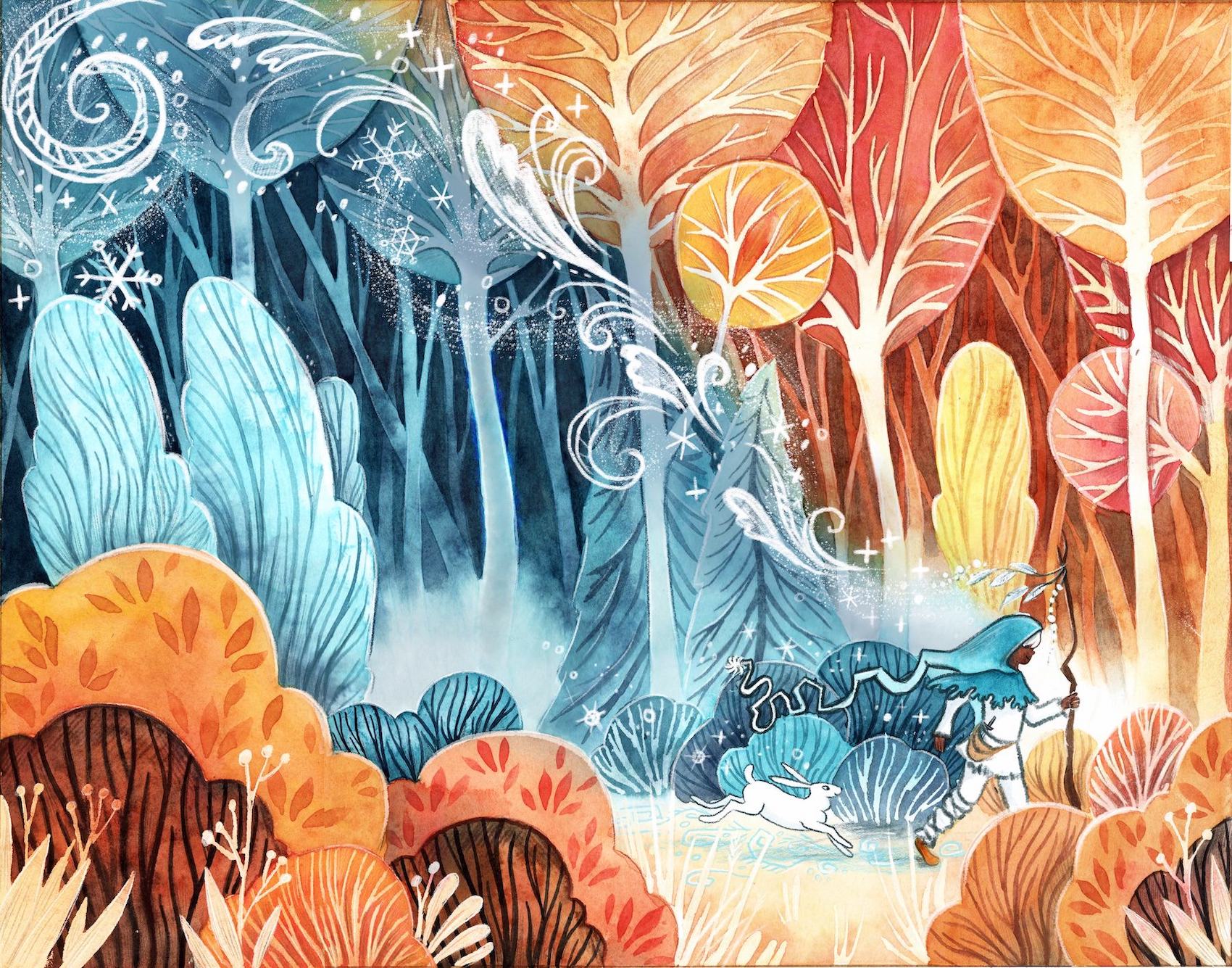 Whimsical watercolor illustration showing Jack Frost walking through an autumn forest. The trees and bushes are red and gold in front of him, and cold is trailing behind him, turning the trees and bushes to blue in his wake. Frosty swirls and snowflakes swirl at the edge of the blue. A white rabbit frolics behind Jack.
