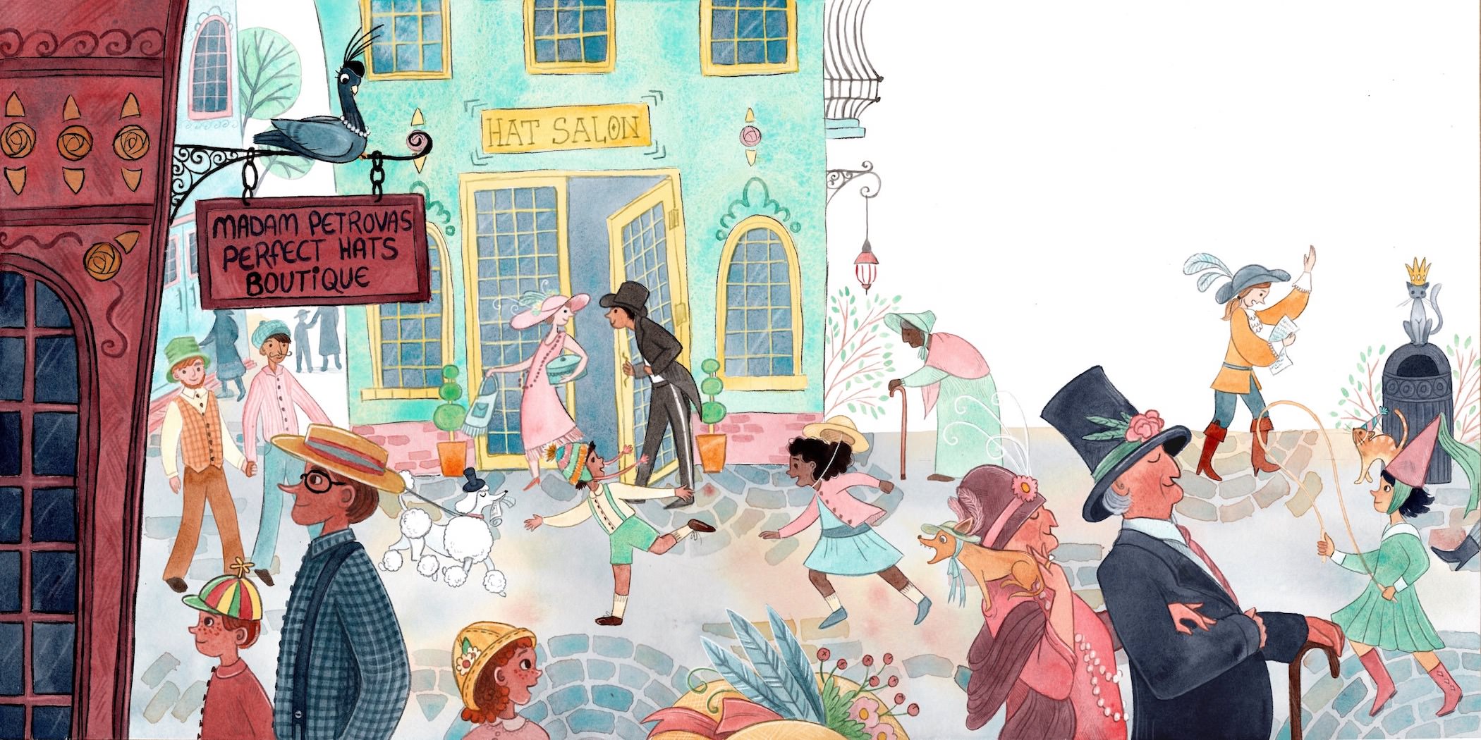 Whimsical double page spread picture book illustration of a busy city street with colorful buildings, and people all wearing hats and dressed in old fashioned clothes coming and going on it. A pigeon wearing a hat is perched above a sign in the foreground.