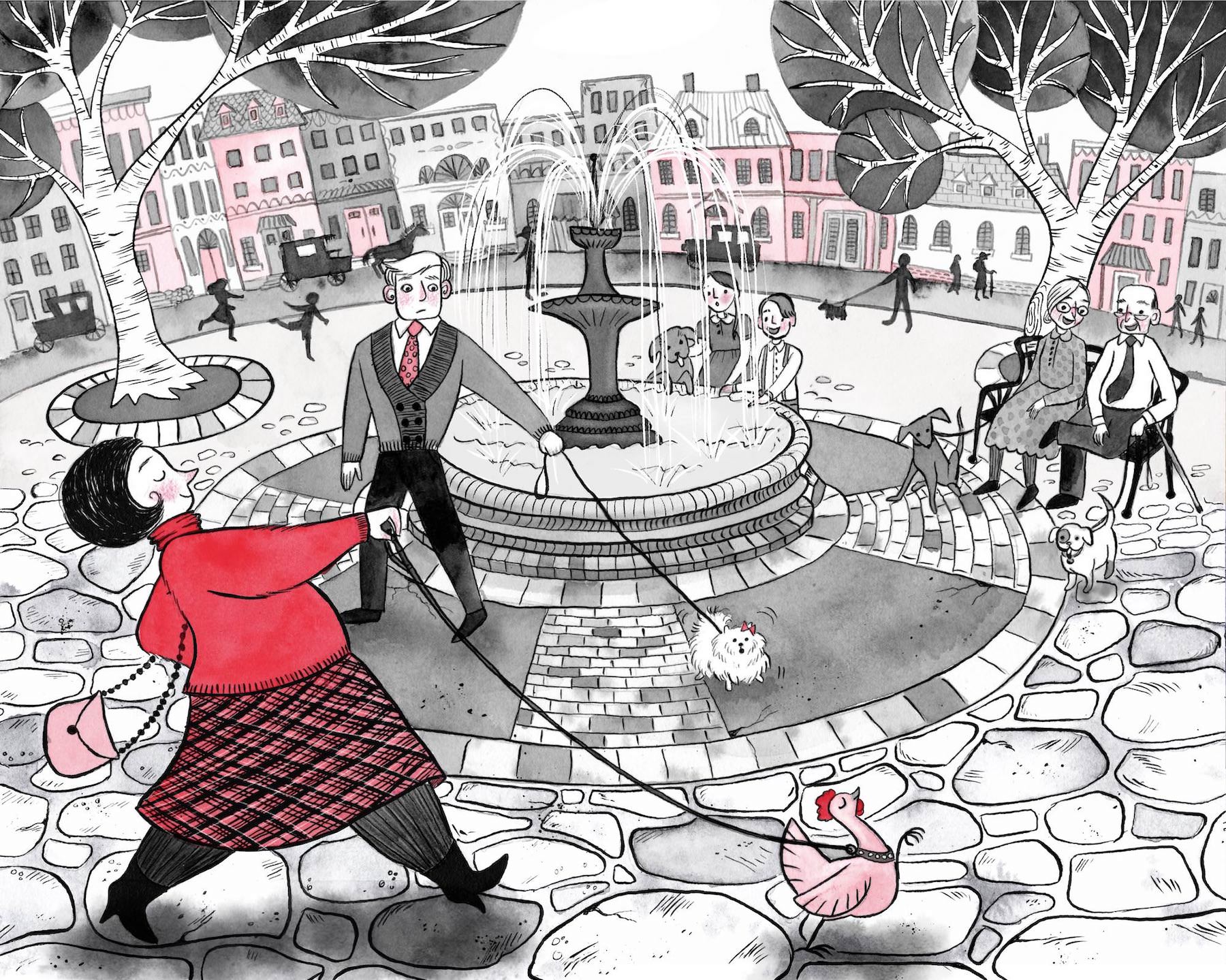 Black and white and red children's book illustration of a woman strutting proudly across a city square with her pet chicken on a leash in front of her. There is a row of shops in the background, and other people, all walking dogs, looking surprised and amused at the site of a lady walking a chicken.