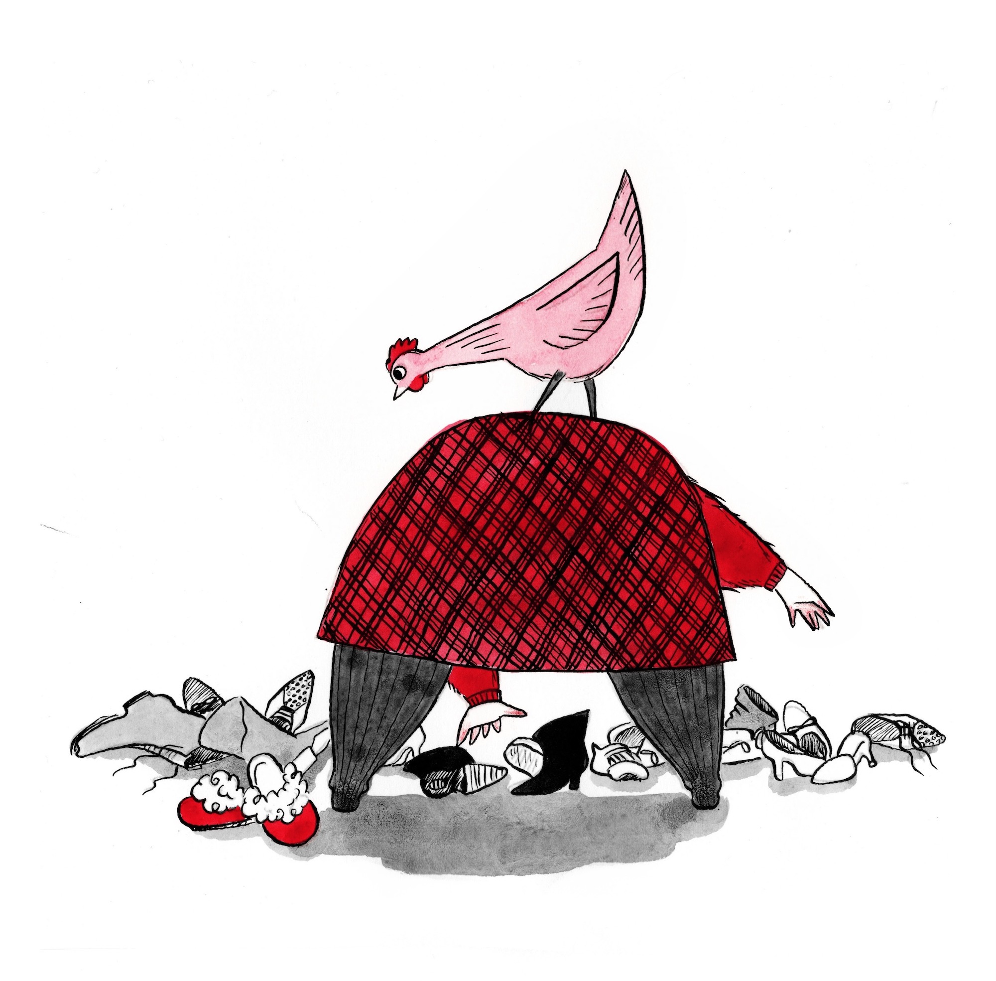Black and white and red ink illustration of a woman bending over with a chicken perched on her back. The woman is looking for a matching pair of shoes from lots of shoes that are scattered across the floor in front of her.