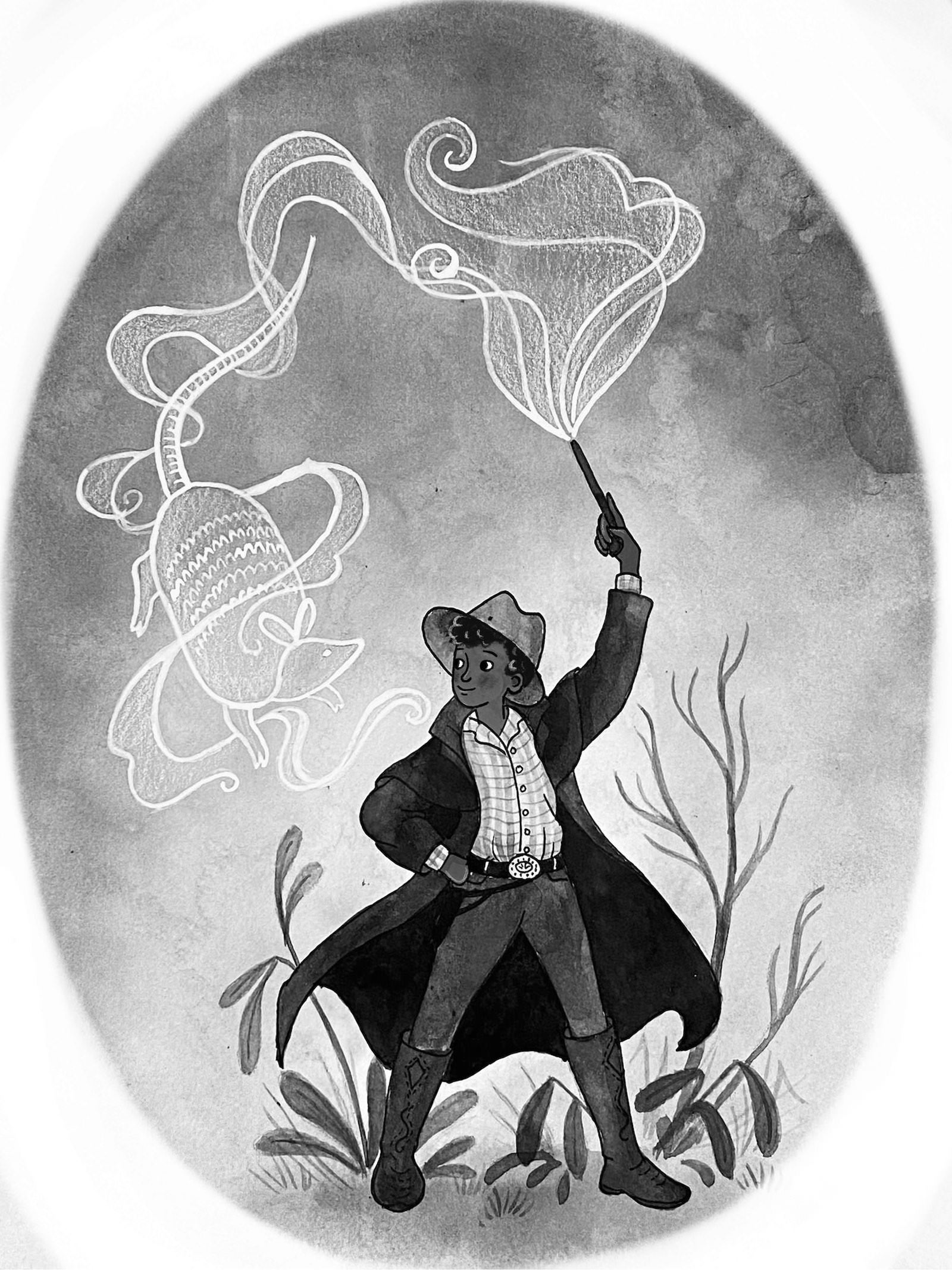 Black and white children's book illustration of a black wizard, dressed as a cowboy with a trench coat and hat, brandishing his wand like a pistol and producing an armadillo patronus.