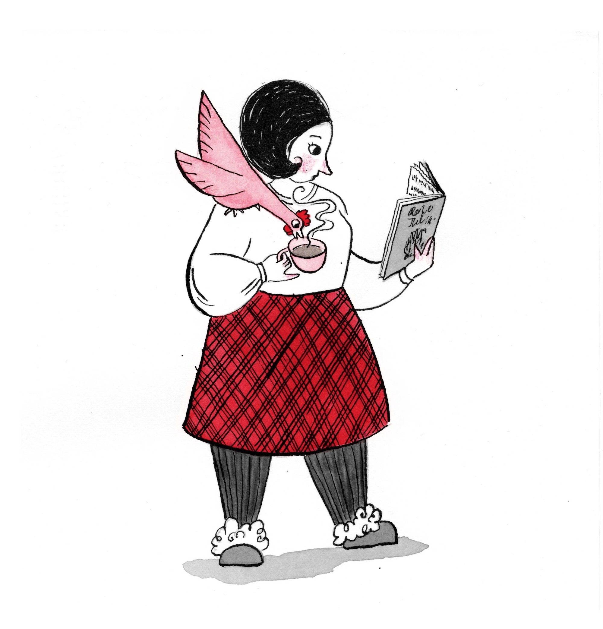 Black, white, and red ink illustration of a woman wearing a tweed skirt with a book in one hand and a tea cup in the other. She has a chicken perched on her shoulder. The chicken is trying to drink her tea while she is distracted by her book.