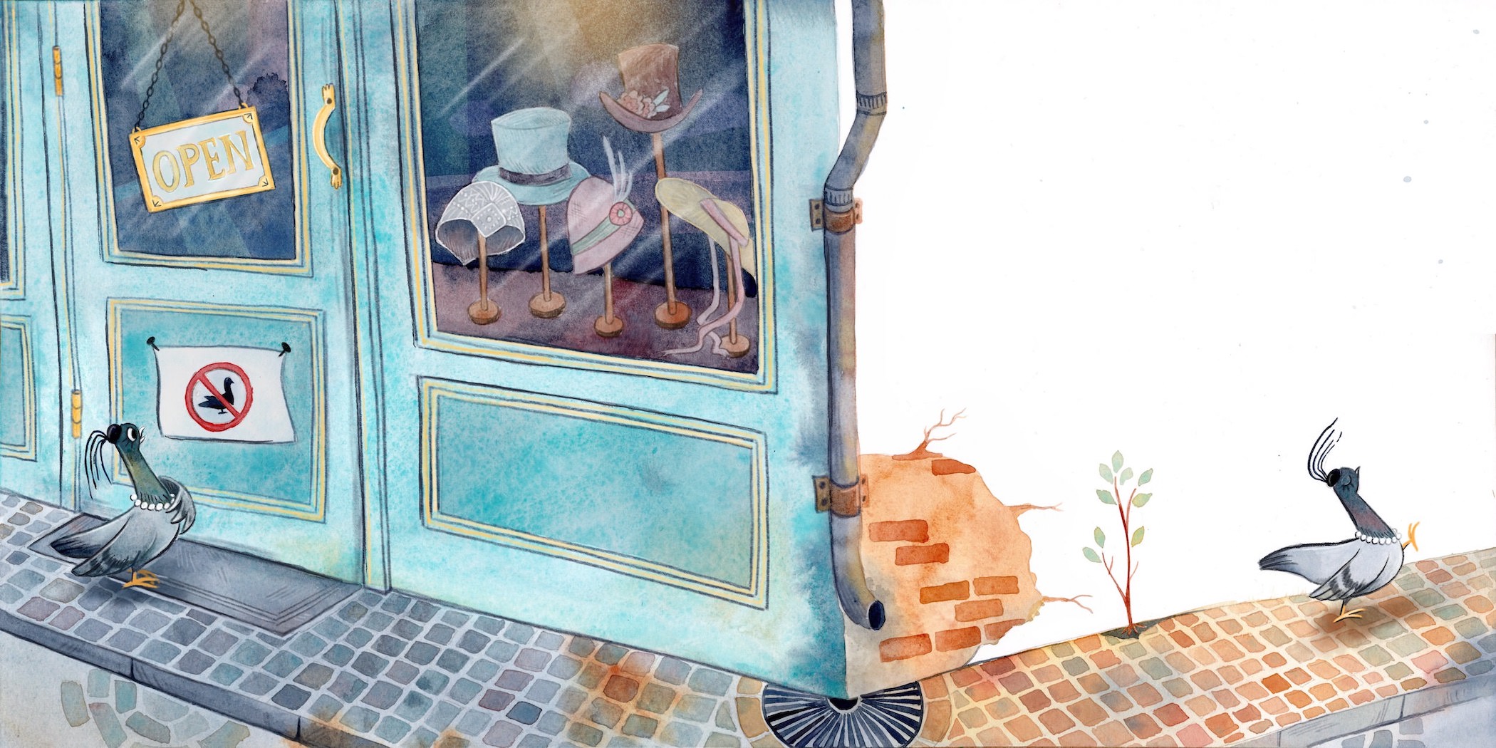 Children's book illustration painted in watercolor of a pigeon looking at the door of a hat shop with a "no pigeons" sign tacked to the door. Opposite the page with the door is another page showing the pigeon strutting away with her beak in the air.