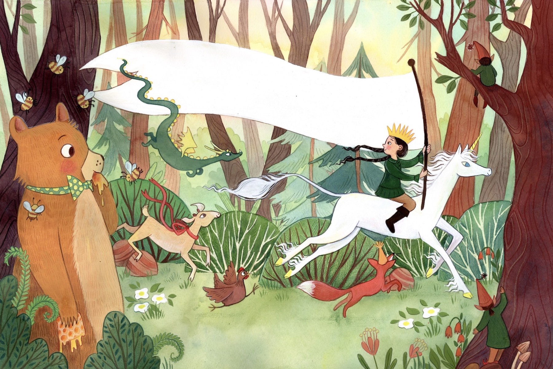 Children's Book Illustration showing a girl riding a unicorn through the forest with a fox, hen, and goat running behind her. The girl is carrying a banner. A bear eating honeycomb is standing in the left foreground, watching the procession, and there are little gnomes in the trees watching as well.