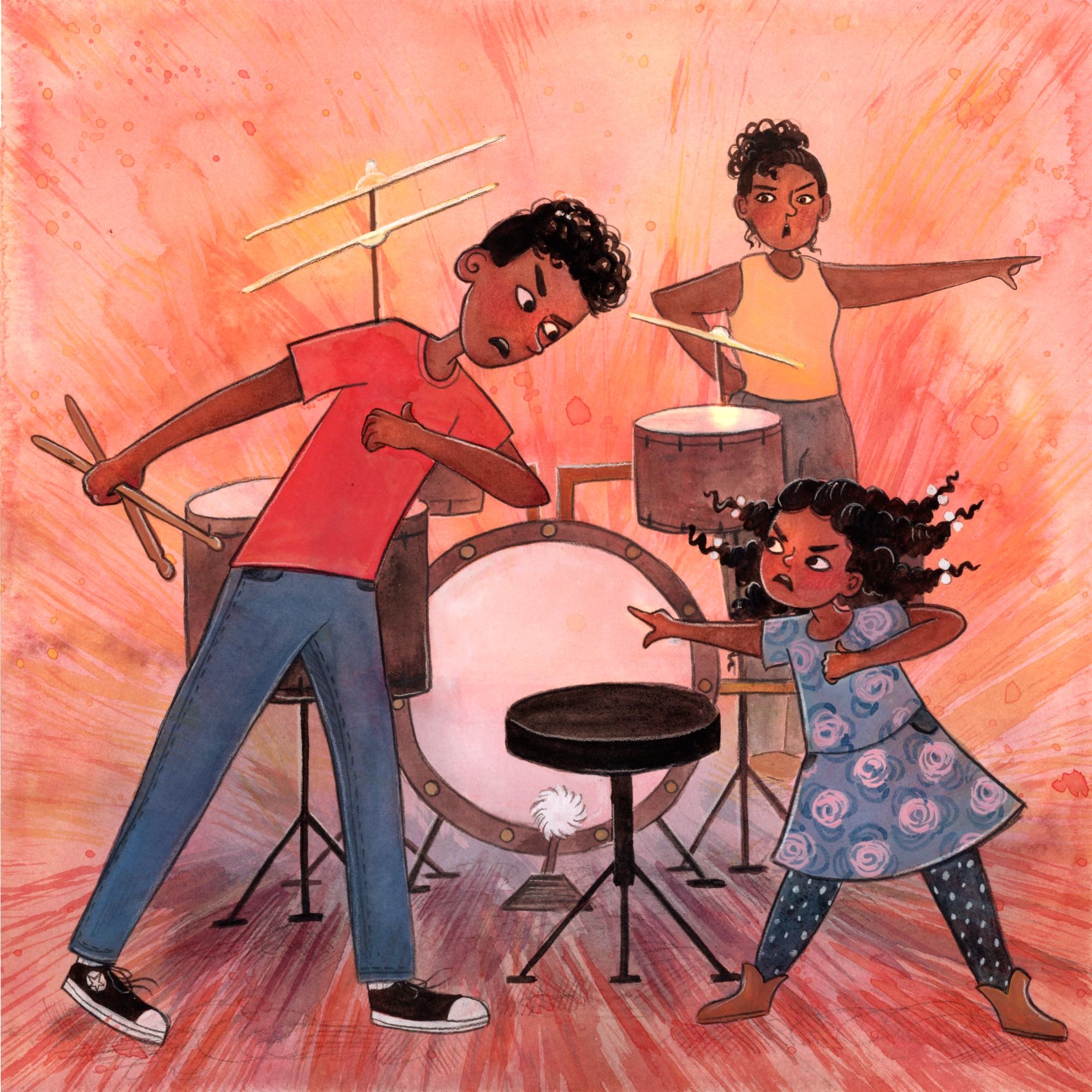 Children's book illustration by Kirsten McGonigal showing a brother and sister having an argument over who gets t play the drum set. Mom in the background is pointing out of the image, implying sending them to their rooms.