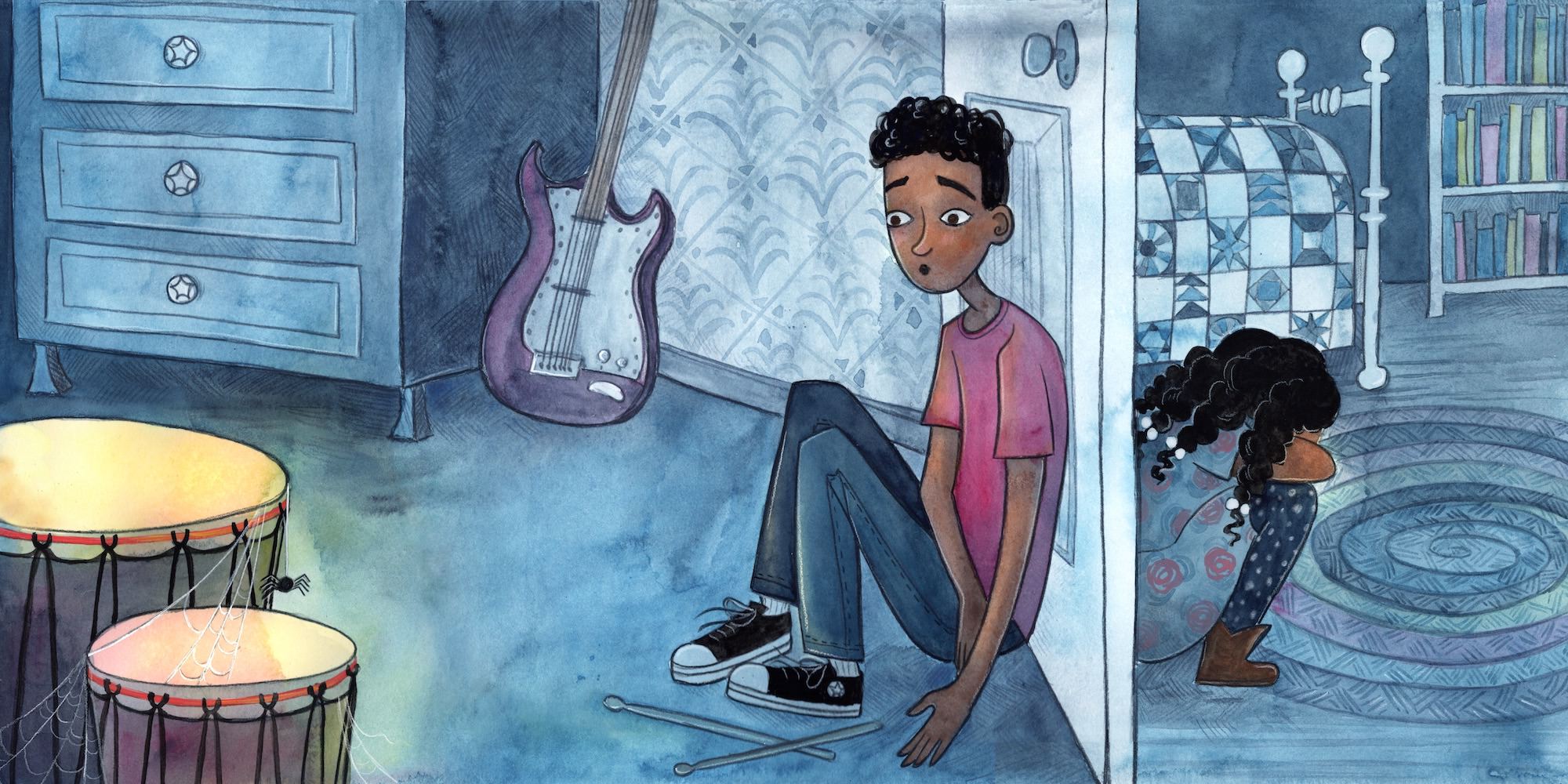 children's book illustration by Kirsten McGonigal showing A brother and sister sitting sadly on either side of a door. The brother is noticing a set of Djembe drums in the corner.