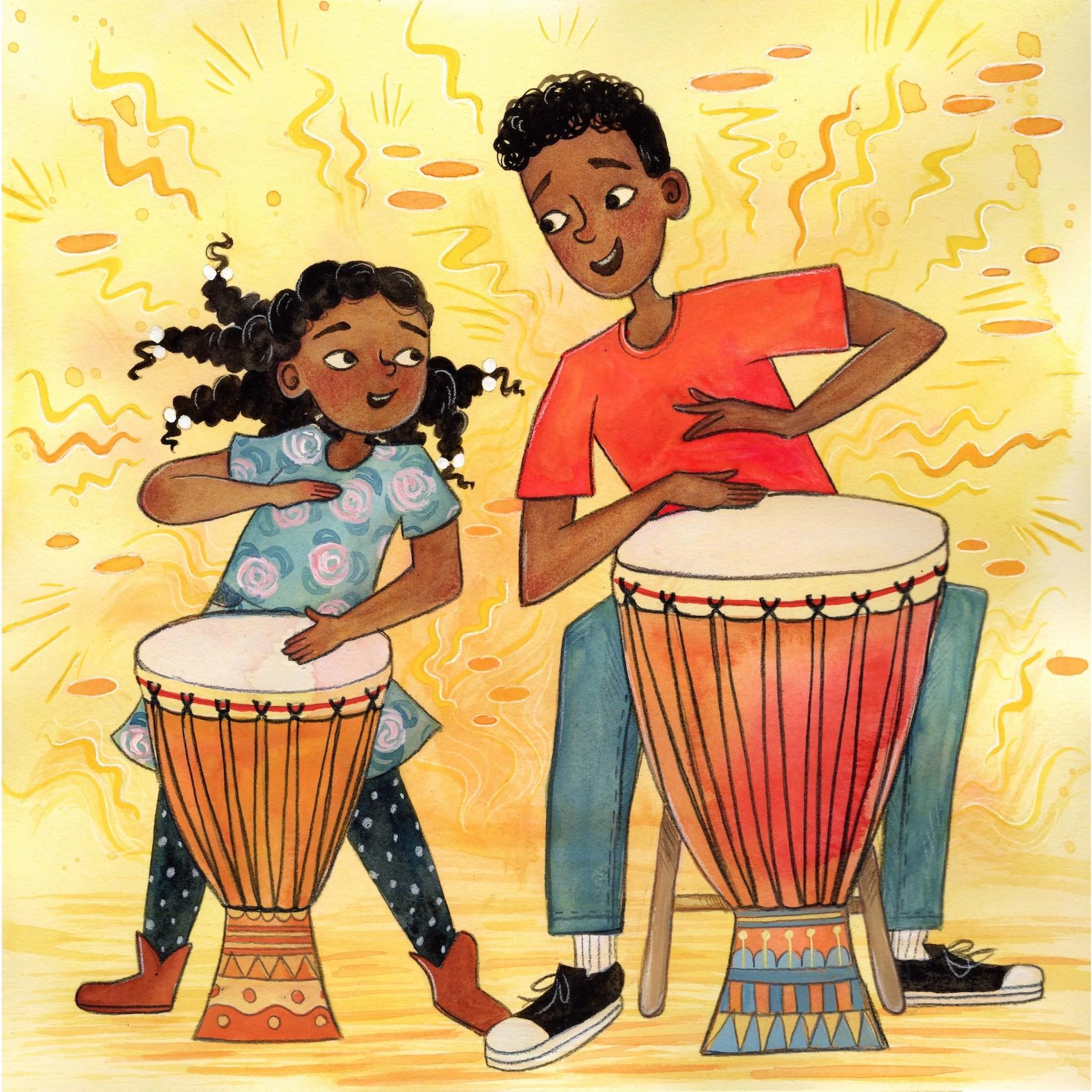 Children's Book Illustration by Kirsten McGonigal showing a brother and sister happily playing 2 djembe drums together. The background is yellow and happy.