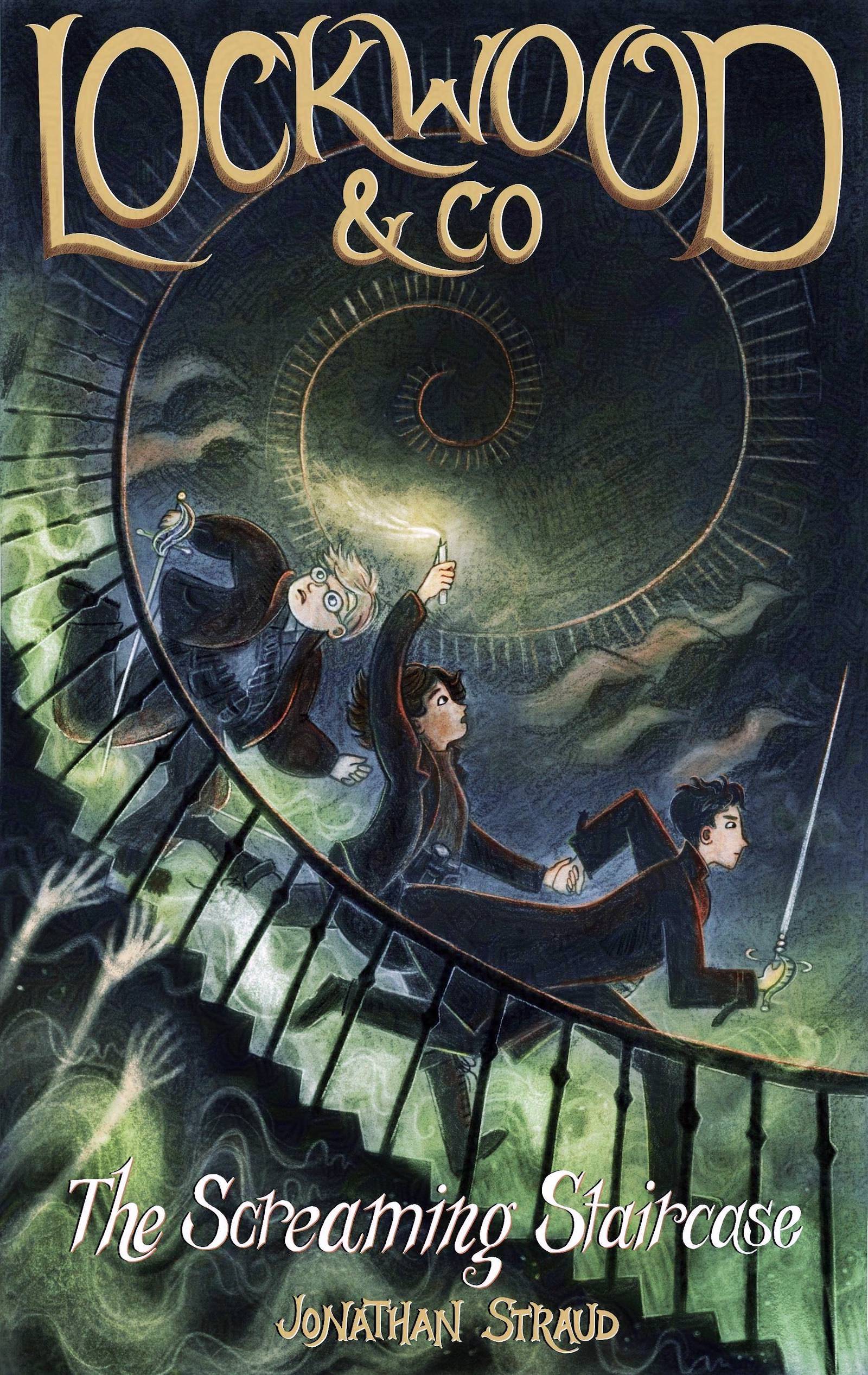 Book Cover Mockup for Lockwood and Co by Jonathan Stroud showing Lockwood, Lucy, and George running down a spiral staircase through the ghost fog. Ghostly hands reach toward them from below, and hooded ghost shapes glide above them.