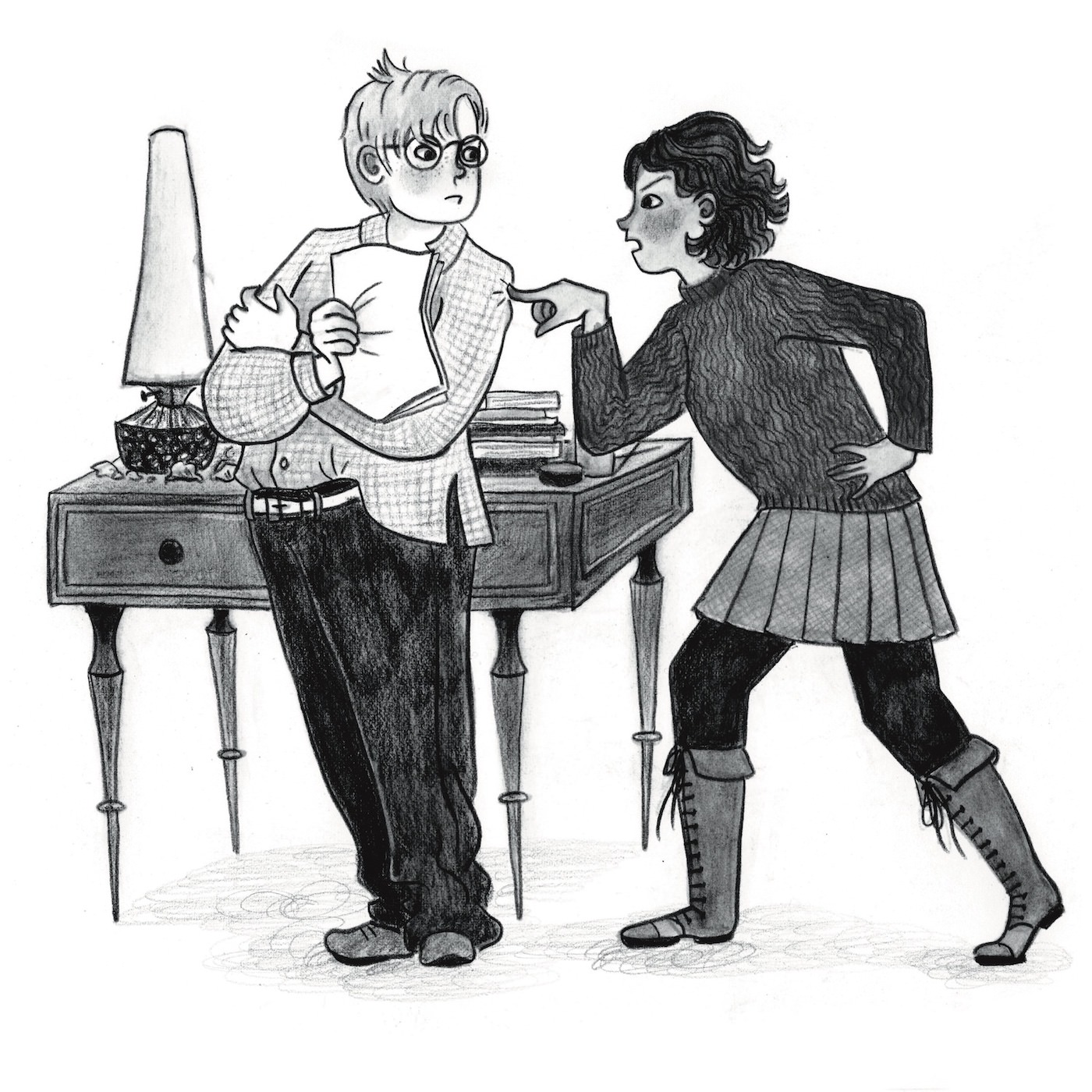 black and white illustration of George and Lucy arguing.