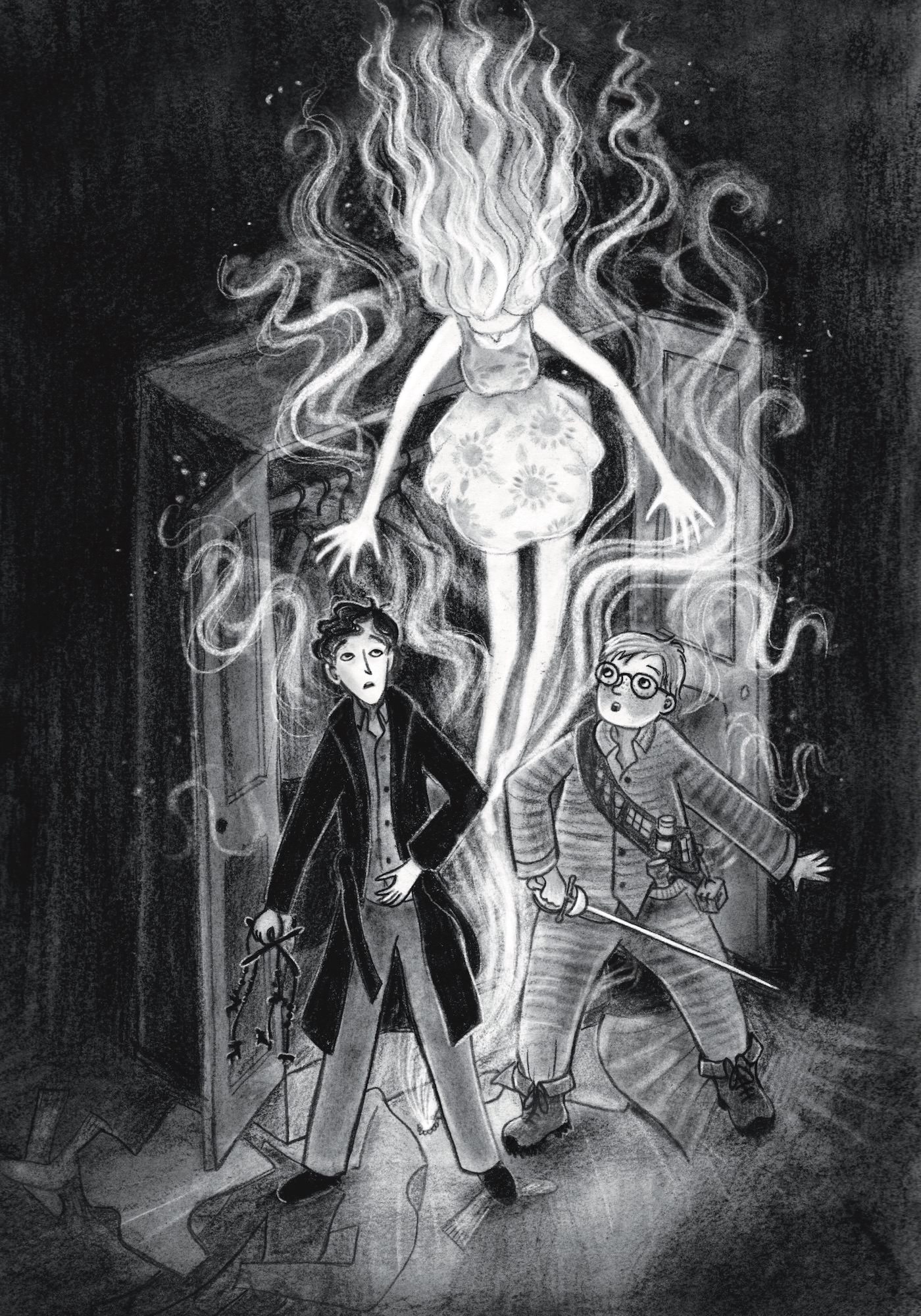 Lockwood and George standing in front of a wardrobe with the ghost of Annie Ward rising up behind them.