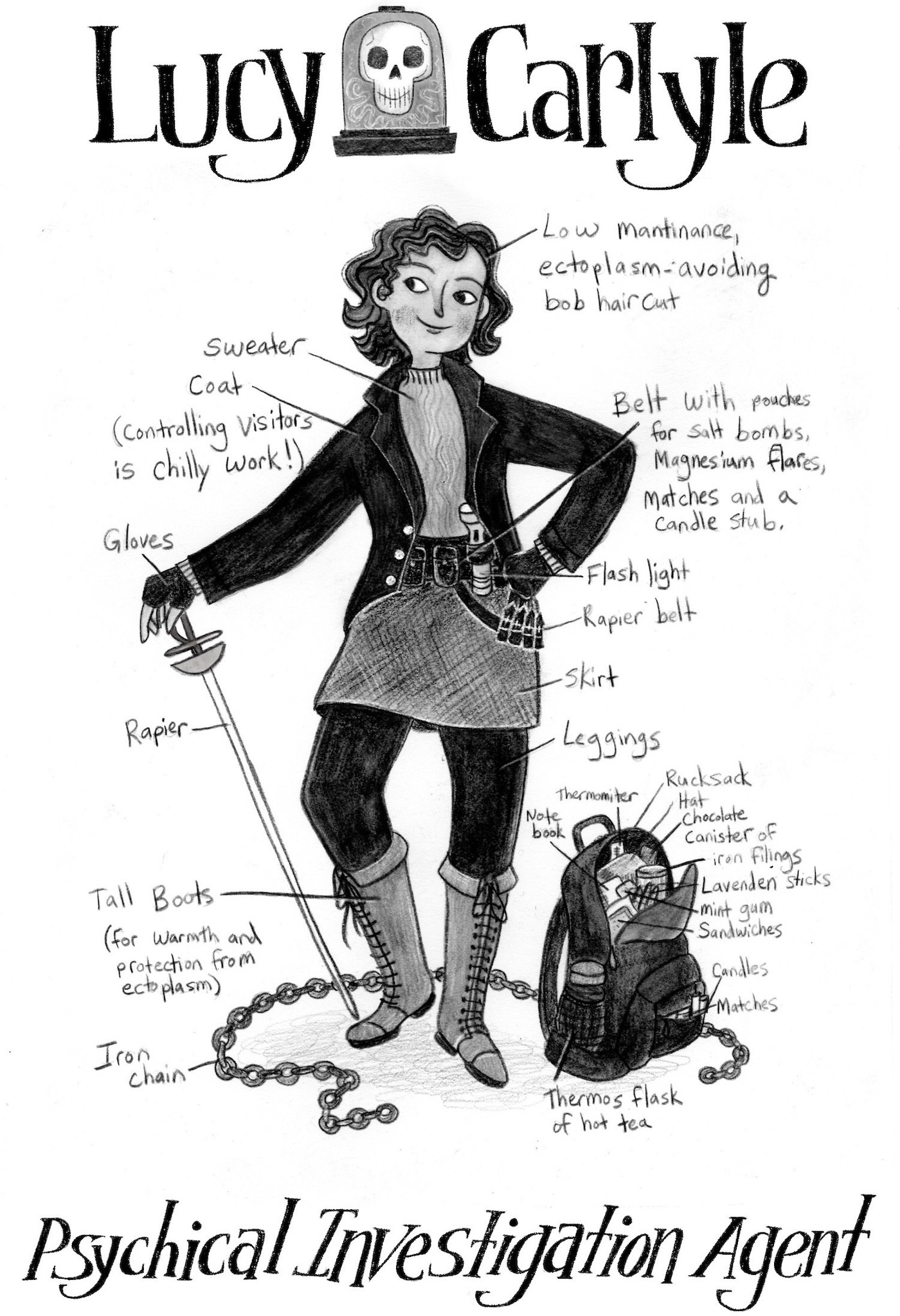 Black and White diagram showing Lucy Carlyle with her Psychical Agent's kit, labeled with the names of all the items.