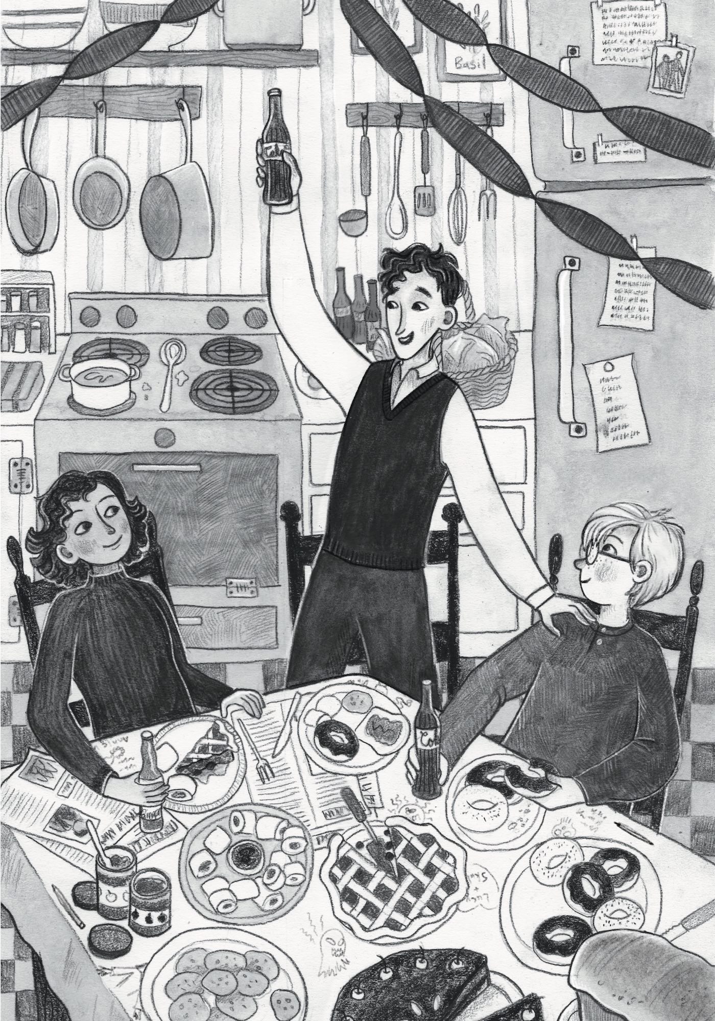 Lucy, Lockwood, and George having a party in their kitchen. The table is covered in sweets of all kinds, and they are having a toast with their bottles of Coke and Ginger Ale.