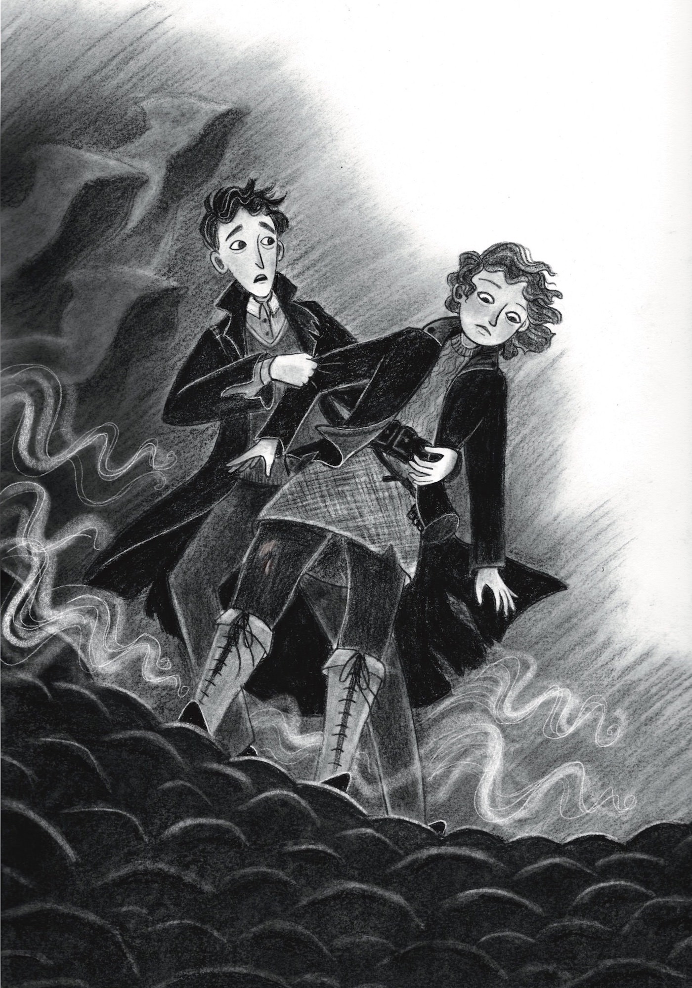 Black and White image of Lockwood pulling Lucy back from the edge of a wide stone well with ghostly figures rising up behind them.