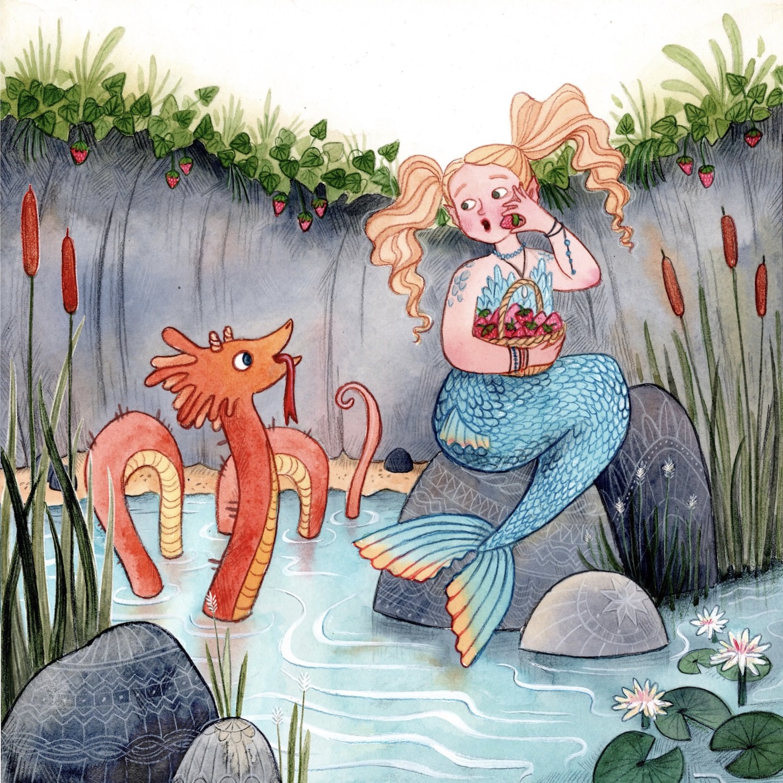 A mermaid sitting on a rock eating a basket of Strawberries. A little sea dragon is poking out of the water nearby, begging for strawberries.