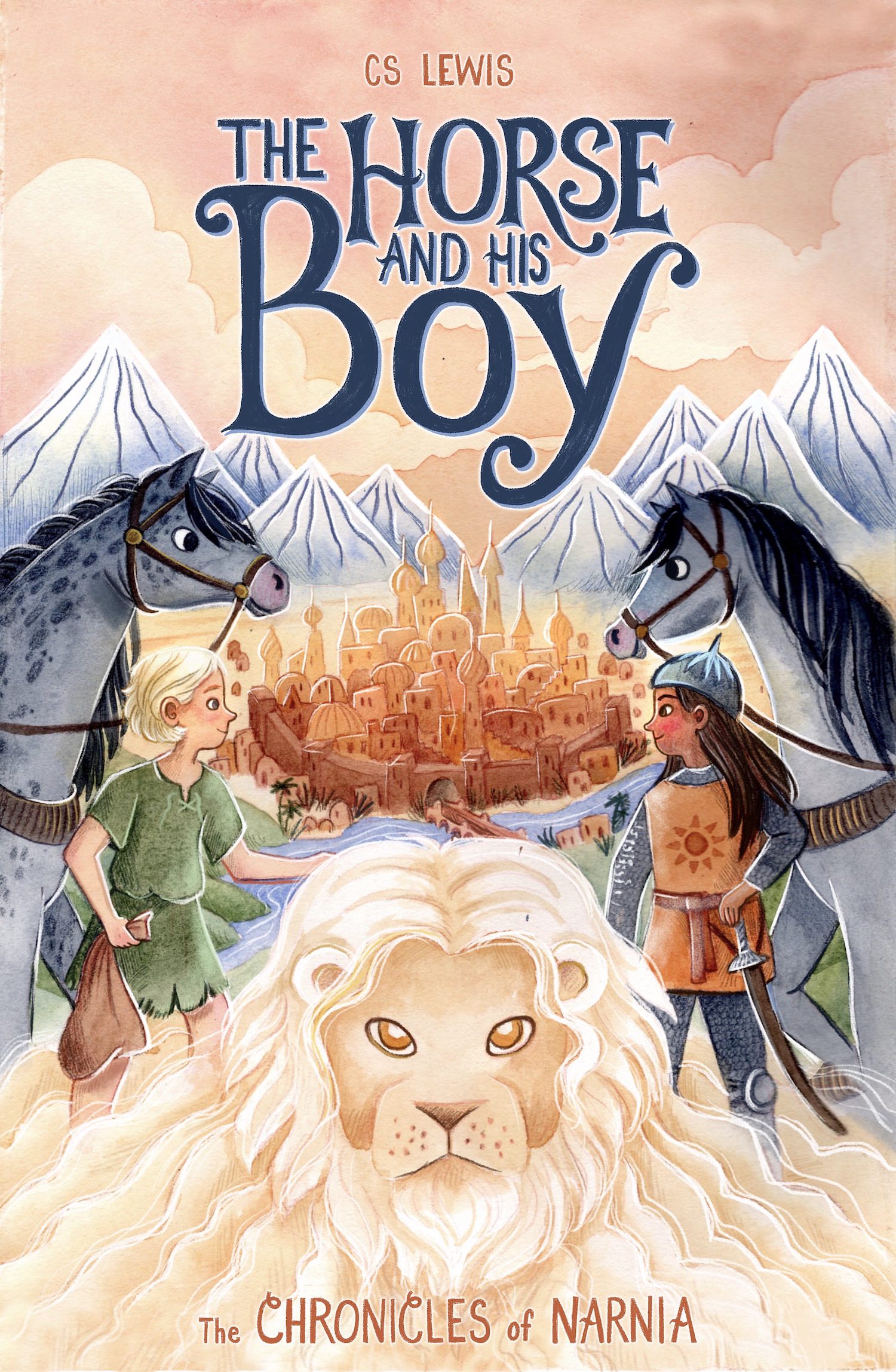 Cover design for The Horse and His Boy from the Chronicles of Narnia series. There are mountains and a pale orange sky in the background, the city of Tashban in the mid ground with a river in front of it. On either side of the design is a horse, with a boy standing next to one, and a girl in armor standing next to the other, facing each other. A lion's head is pictured in the bottom of the image.