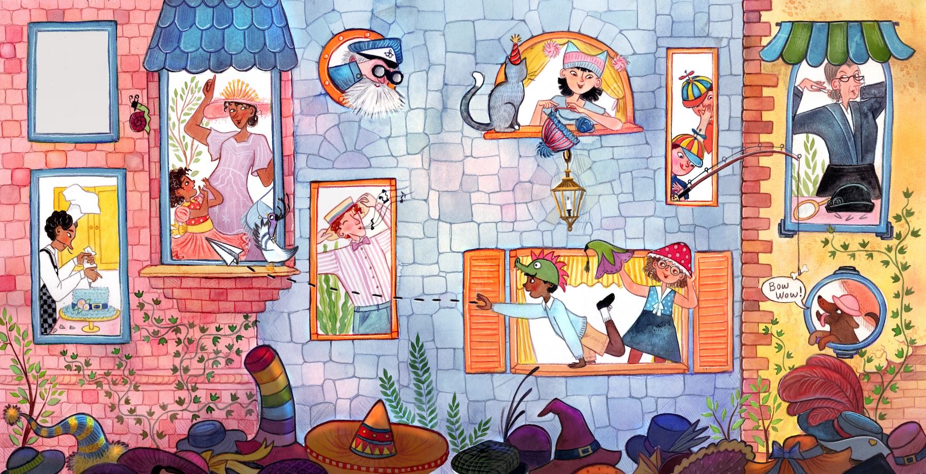 children's book illustration showing brightly colored buildings with lots of windows. People of all ages can be seen in the windows, all wearing hats.