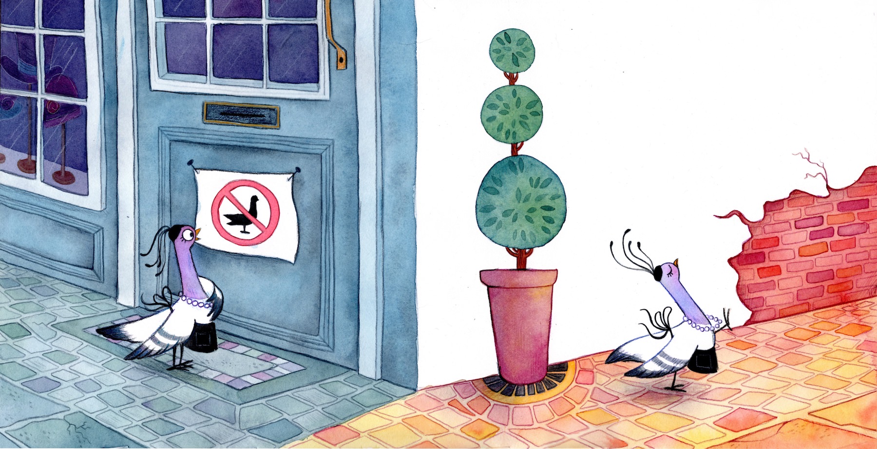 children's book illustration of a pigeon. On the left side of the page, the pigeon is looking at a shop door with a "no pigeons" sign on it. On the right side of the page she is strutting away, looking indignant.