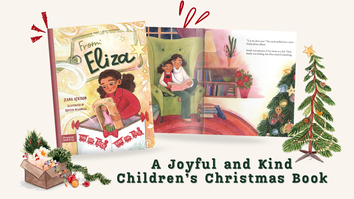 advertisement image for the children's christmas picture book "From: Macie, To: Eliza."