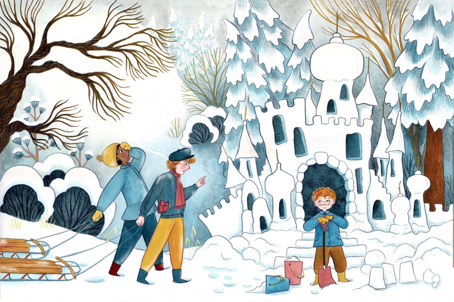 Children's book illustration of a scene in the snow. On the right hand side of the image a young boy with red hair stands in front of an impressive snow castle he has built. His older brother and a friend stand on the left side of the page, looking amazed at the castle. In the background are snow covered bushes and trees.